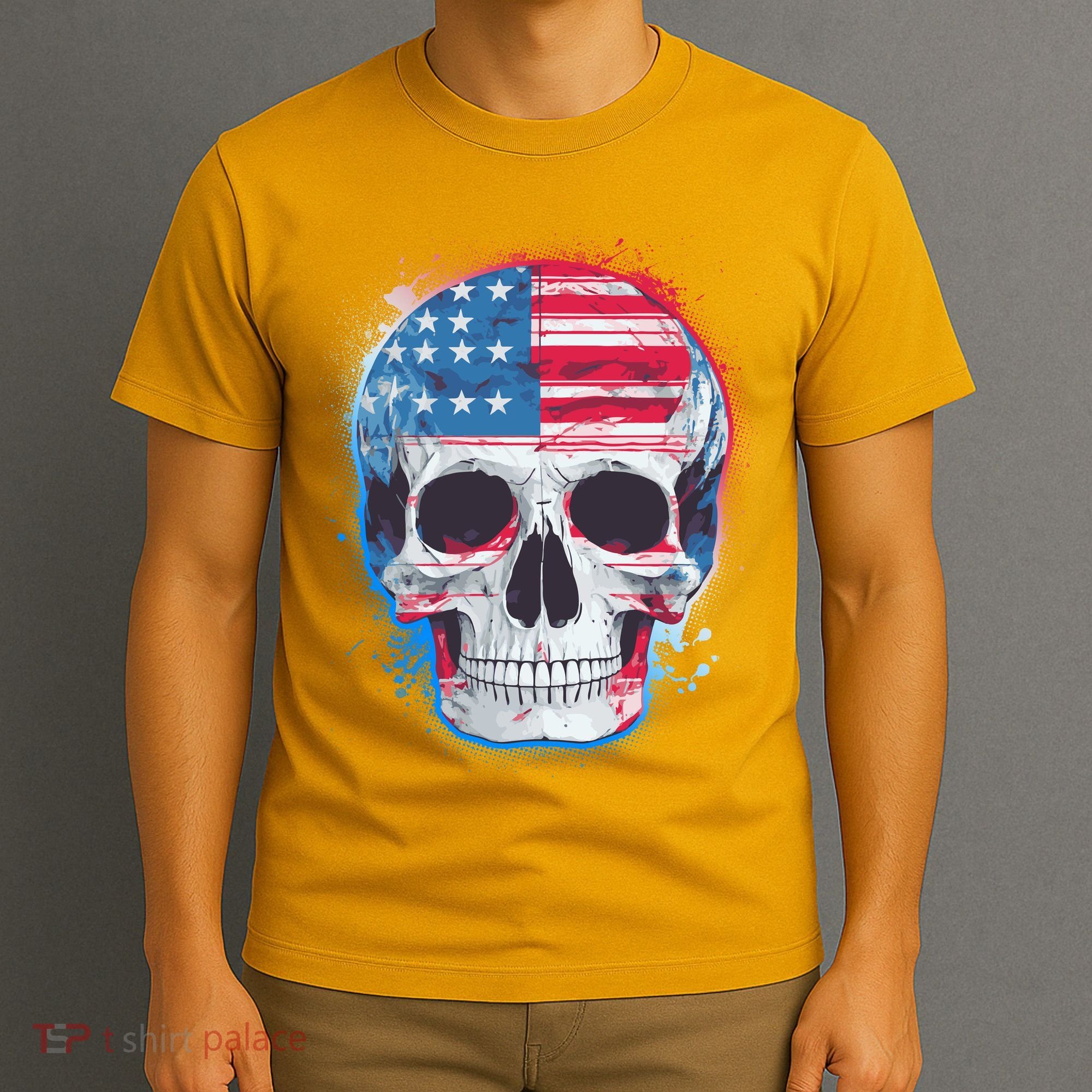 Grunge Paint USA American Flag Smiling Skull T-Shirt