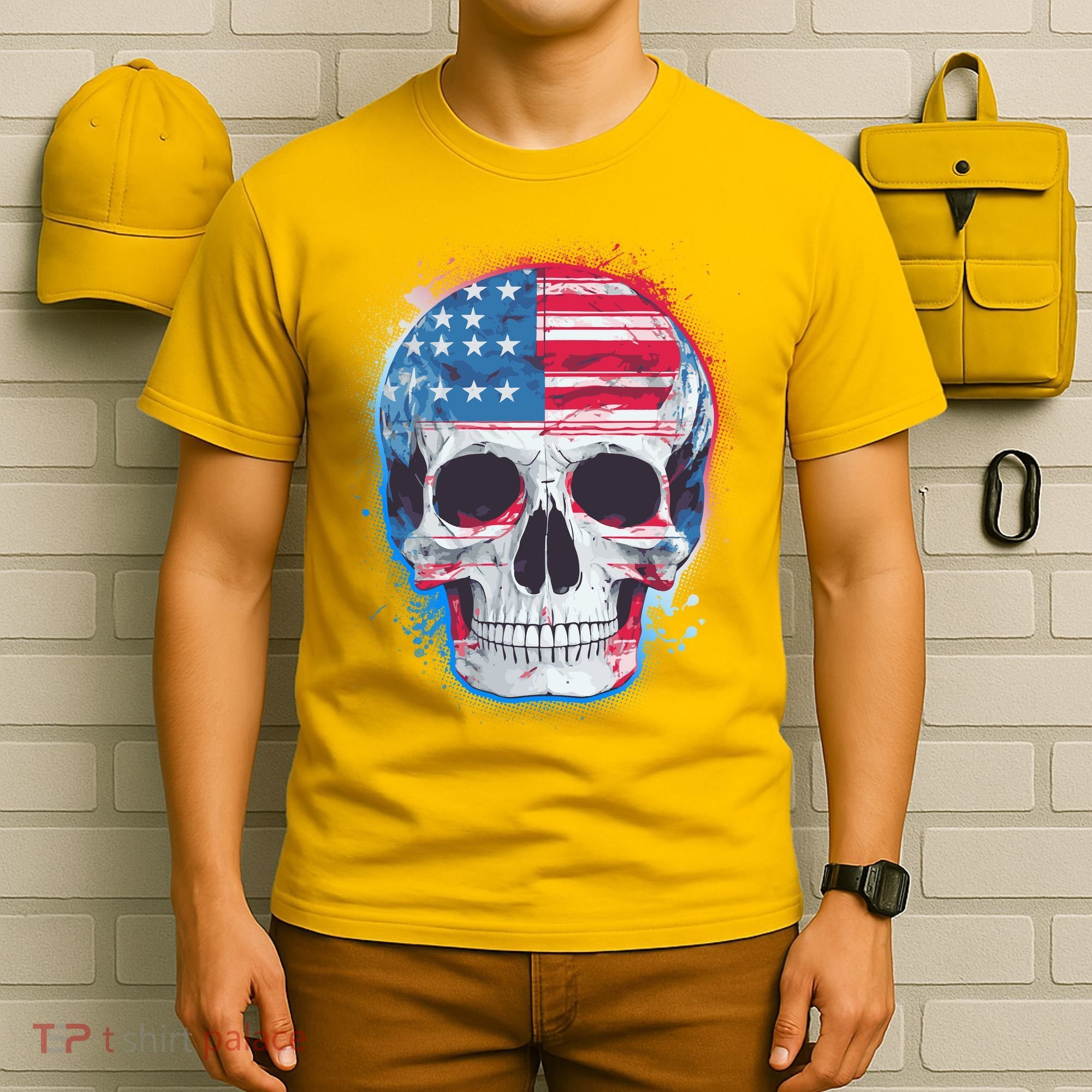 Grunge Paint USA American Flag Smiling Skull T-Shirt