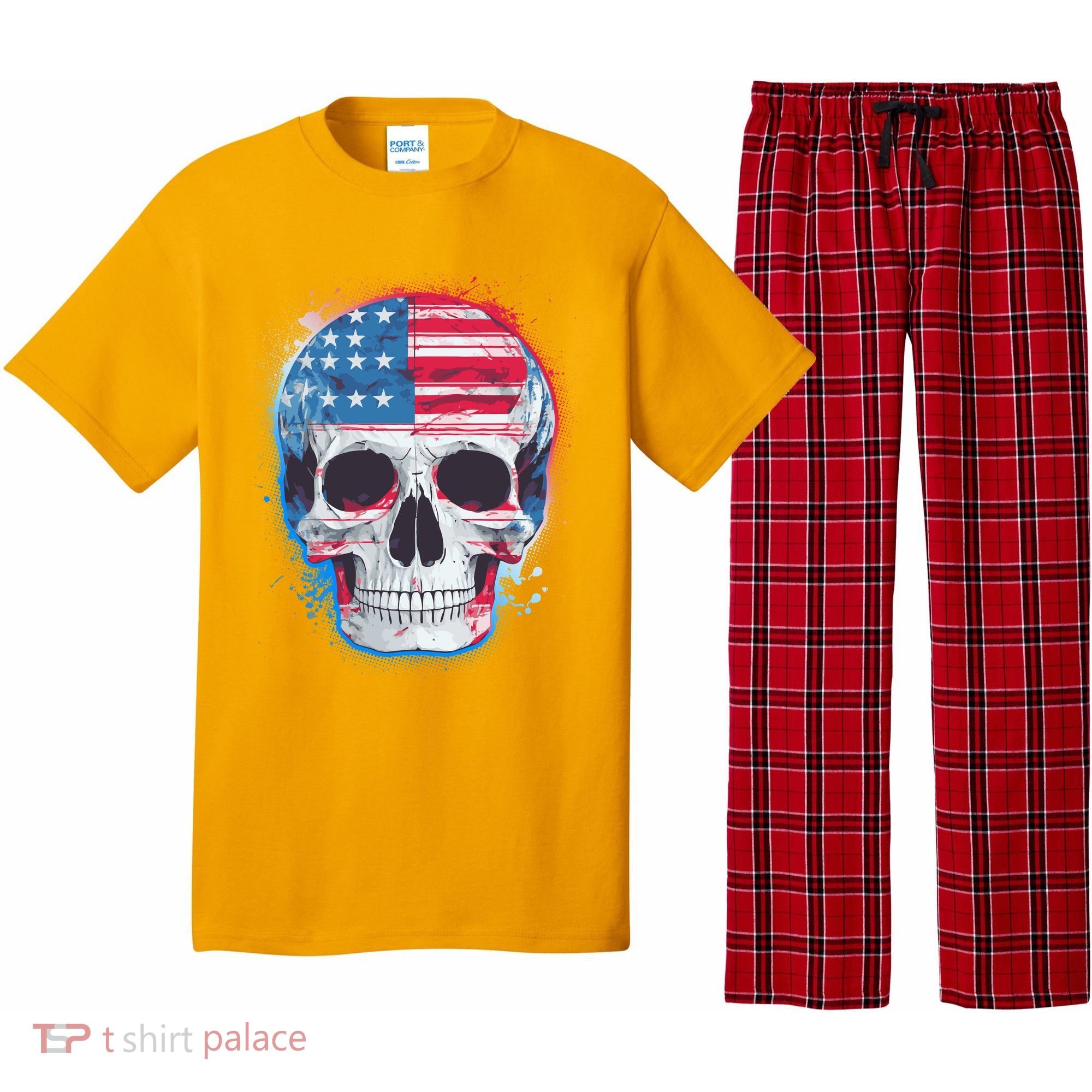 Grunge Paint USA American Flag Smiling Skull Pajama Set