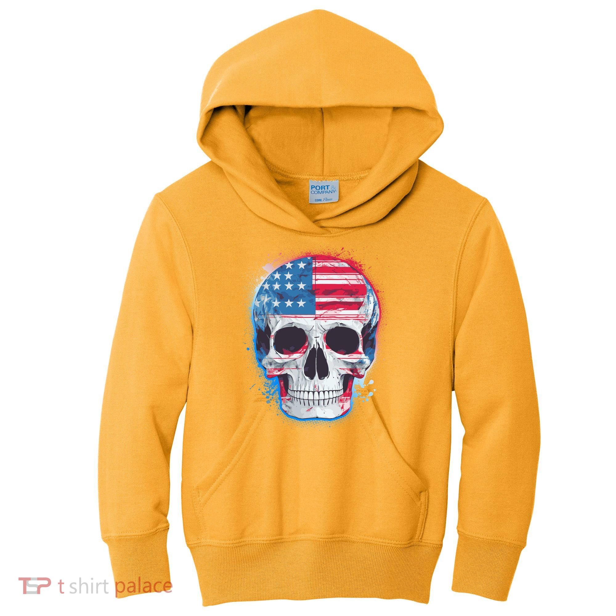 Grunge Paint USA American Flag Smiling Skull Kids Hoodie