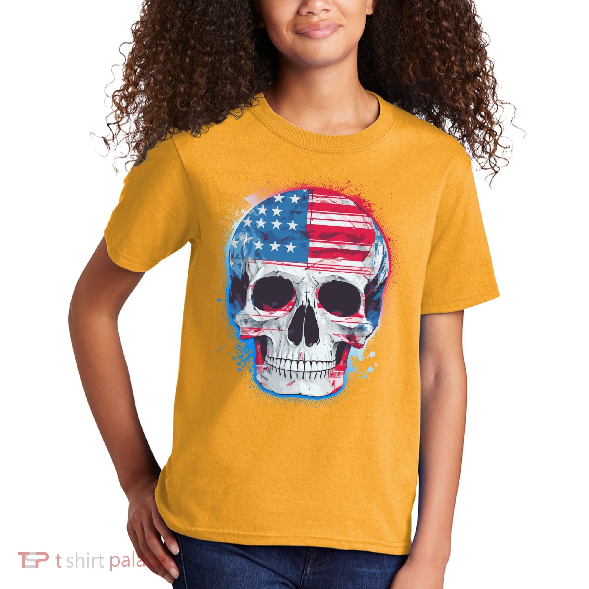 Grunge Paint USA American Flag Smiling Skull Kids T-Shirt