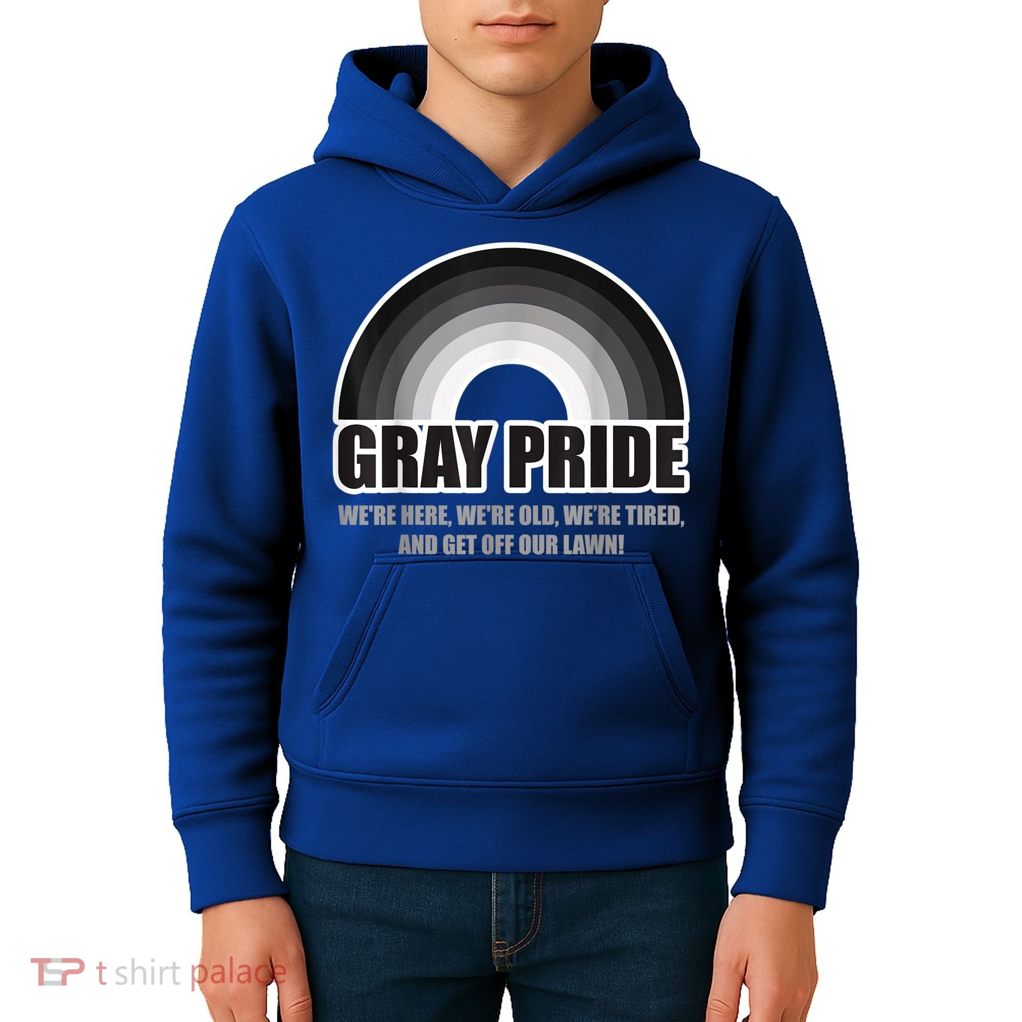 Gray Pride We're Here We're Old And Get Off Our Lawn Kids Hoodie