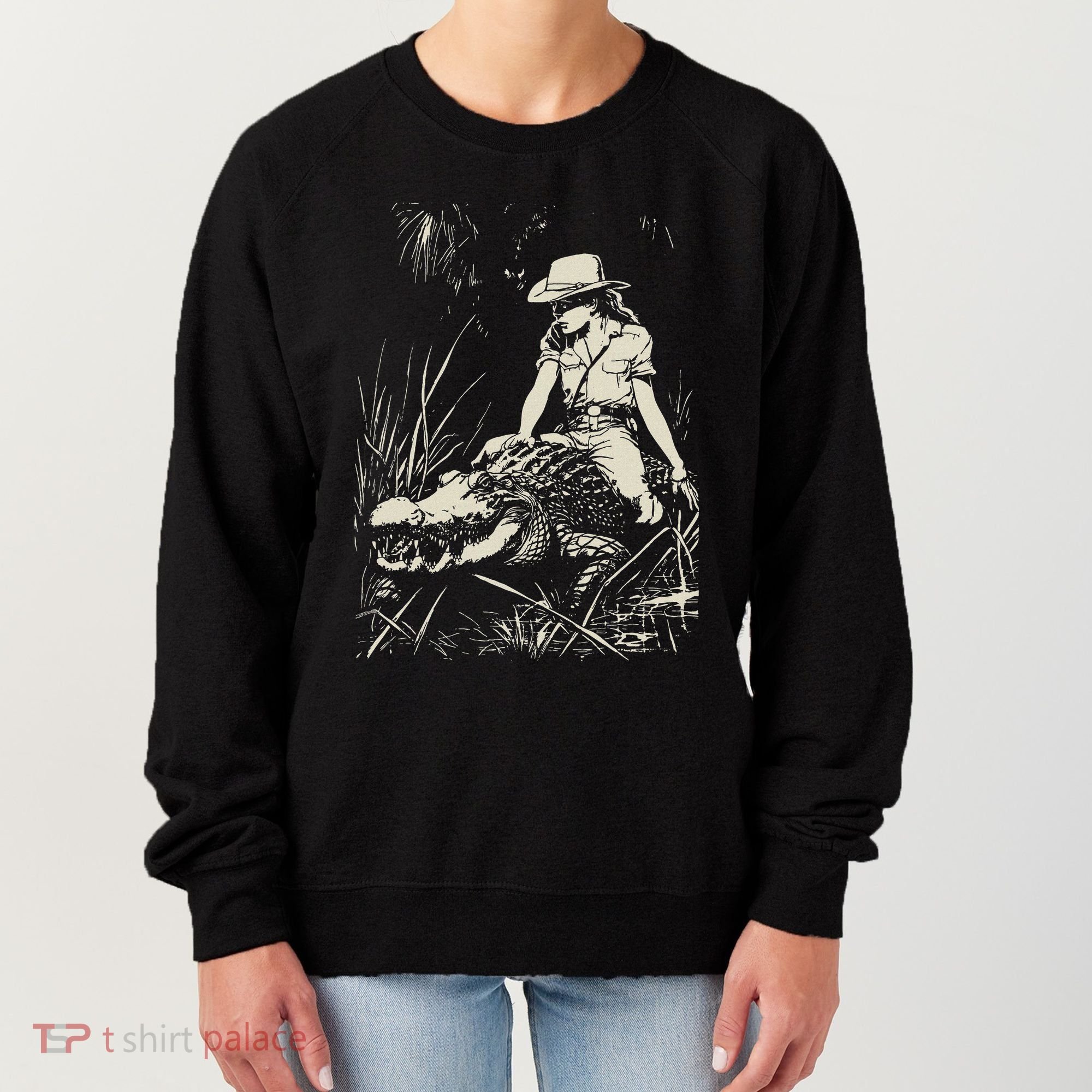 Girl Riding Alligator Weird Funny Florida Crocodile Meme Women's Sweatshirt