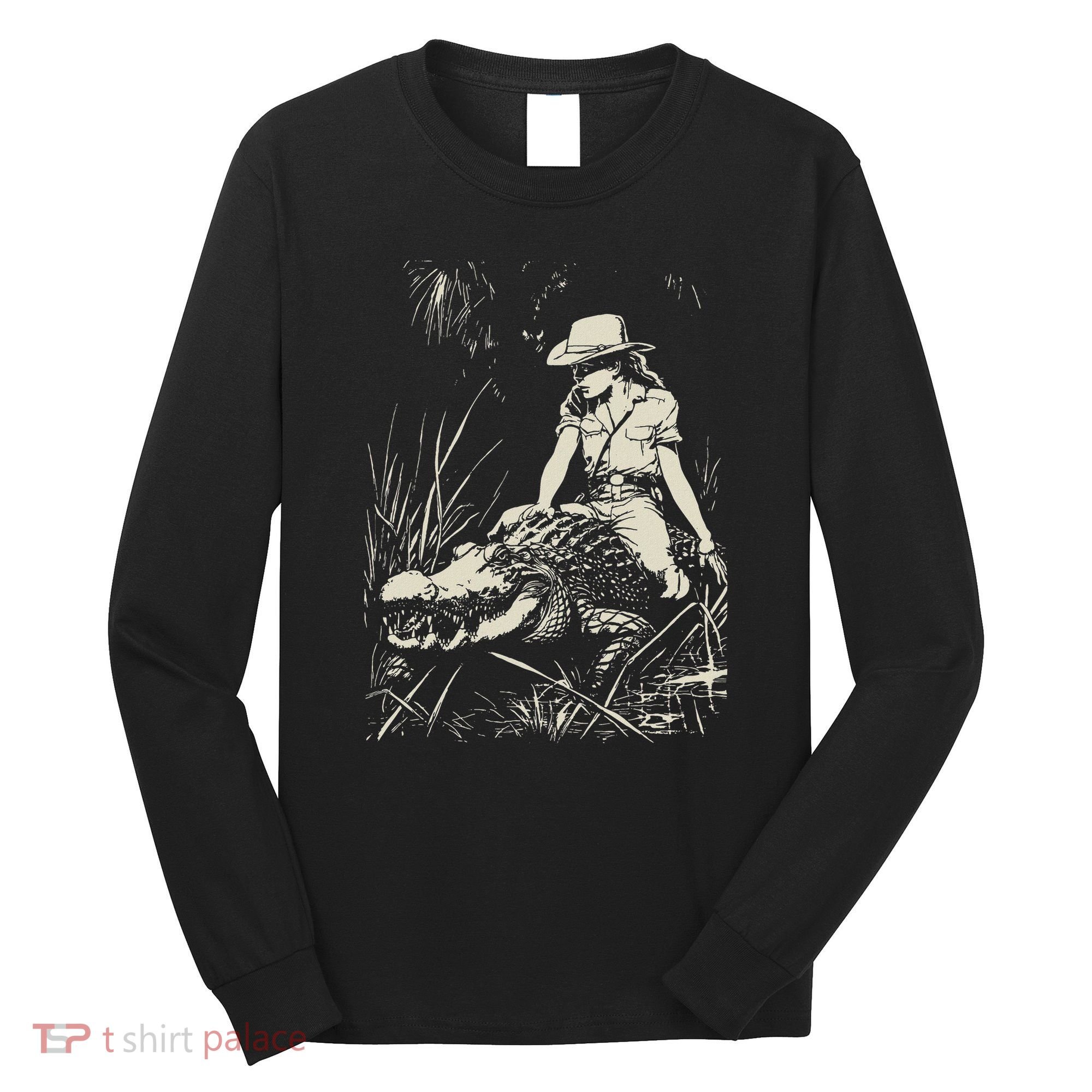 Girl Riding Alligator Weird Funny Florida Crocodile Meme Long Sleeve Shirt