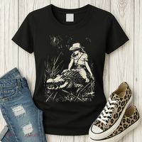 Girl Riding Alligator Weird Funny Florida Crocodile Meme Women's T-Shirt thumb 3
