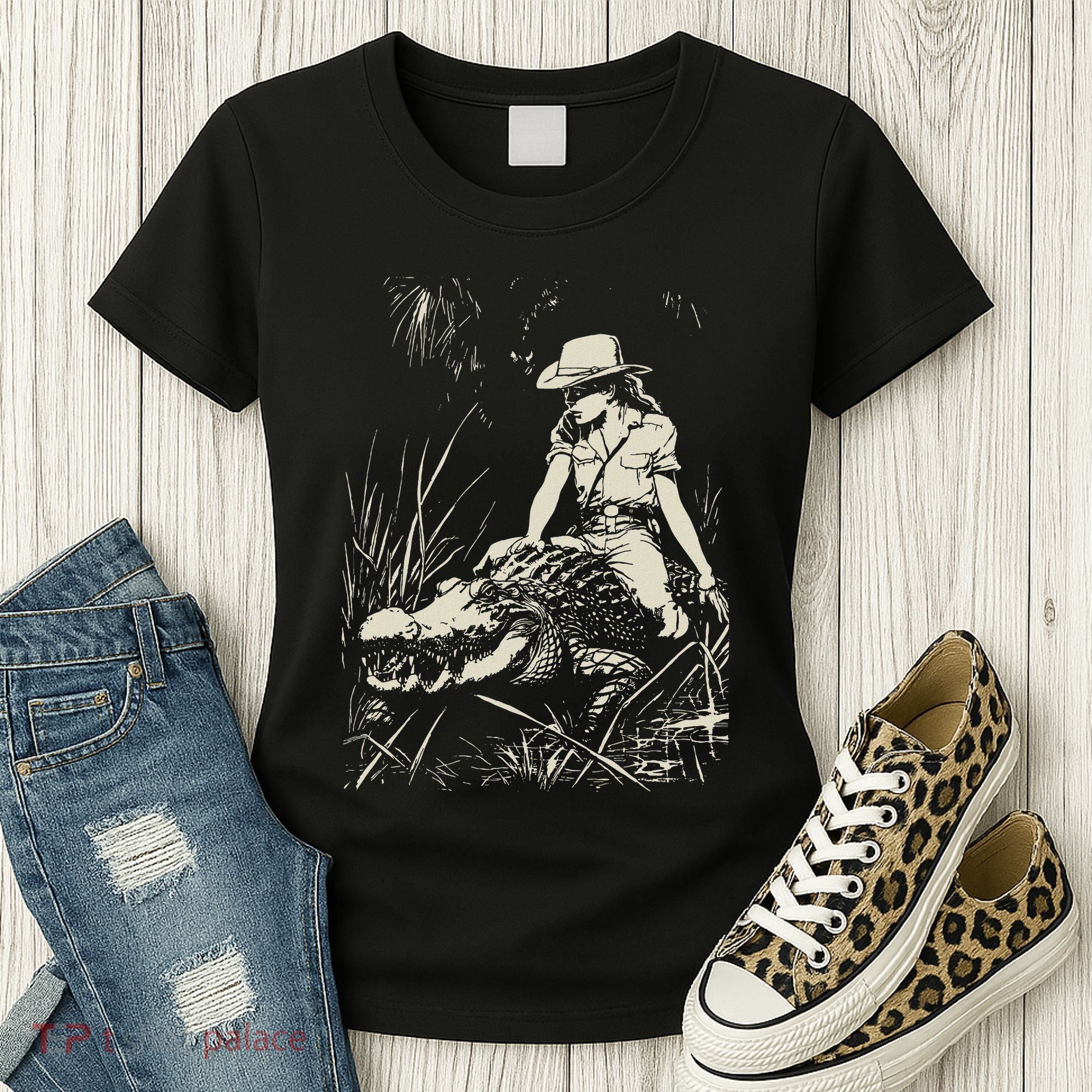 Girl Riding Alligator Weird Funny Florida Crocodile Meme Women's T-Shirt