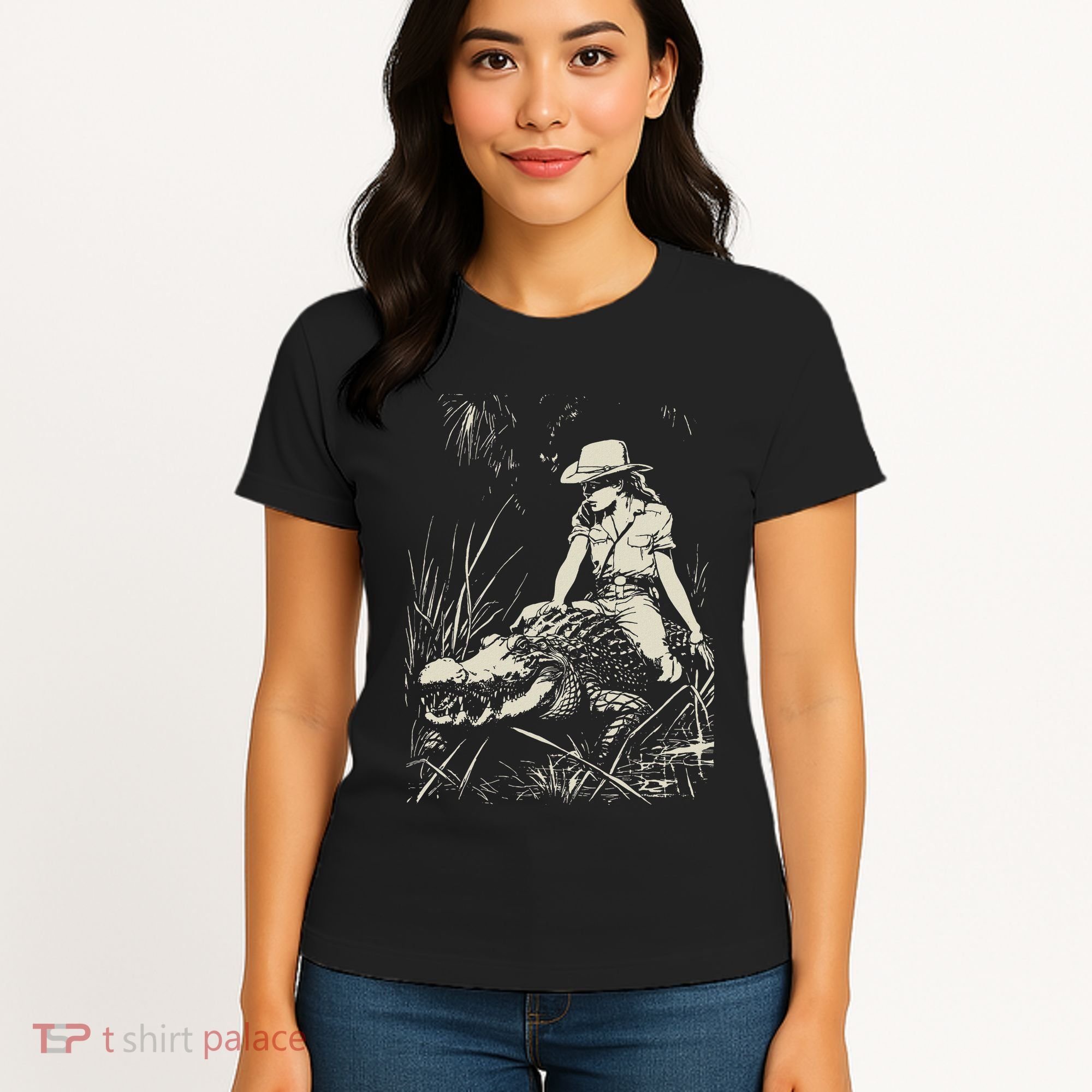 Girl Riding Alligator Weird Funny Florida Crocodile Meme Women's T-Shirt