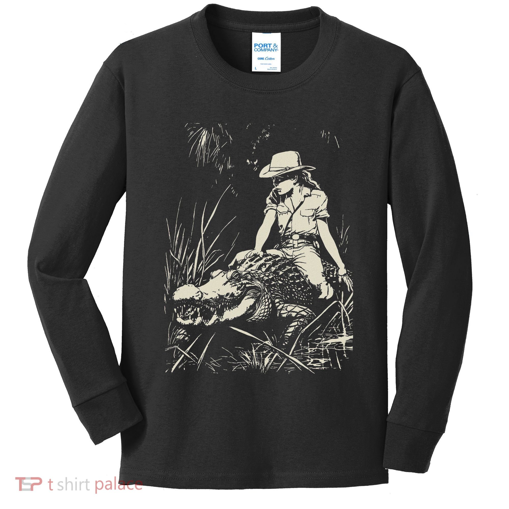 Girl Riding Alligator Weird Funny Florida Crocodile Meme Kids Long Sleeve Shirt