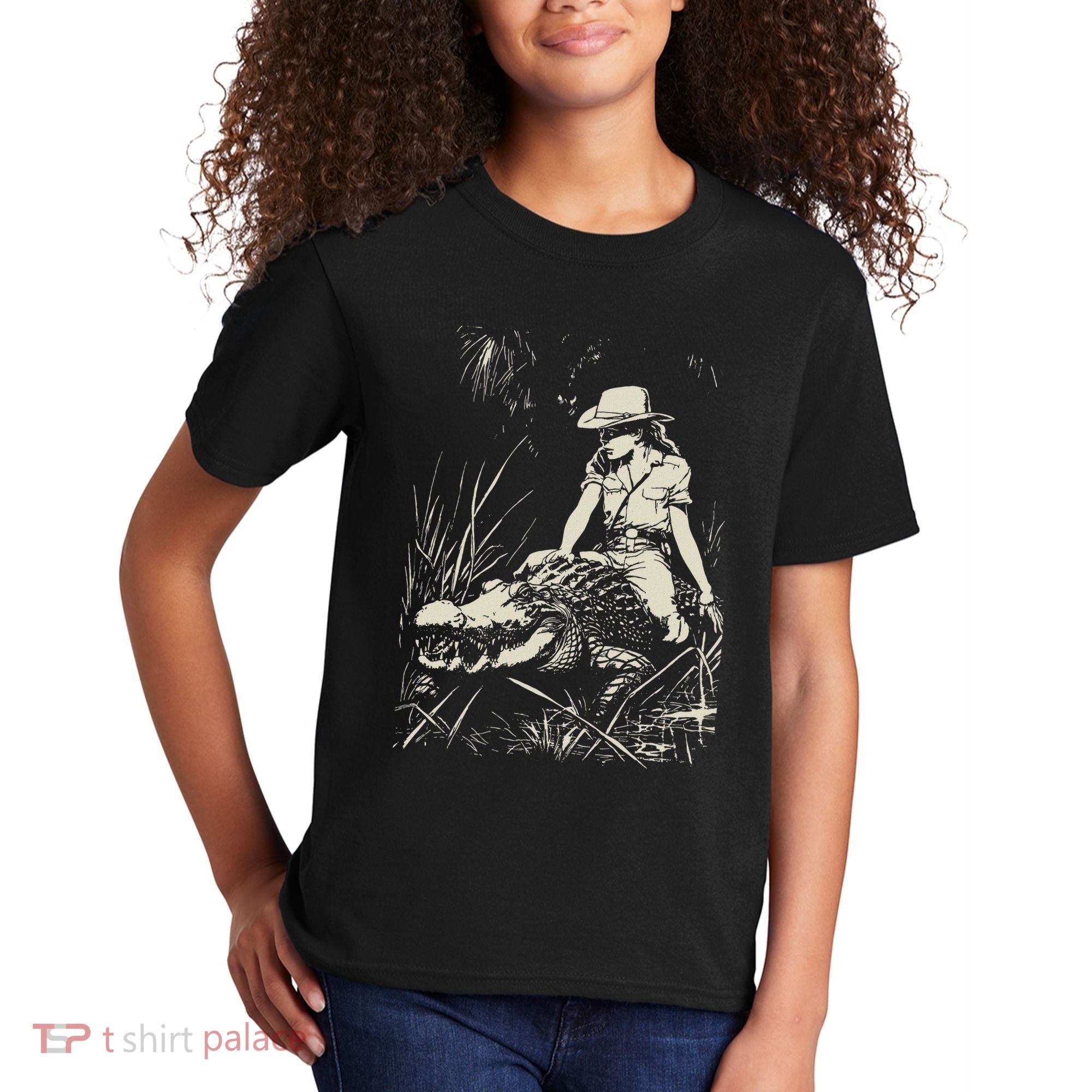 Girl Riding Alligator Weird Funny Florida Crocodile Meme Kids T-Shirt