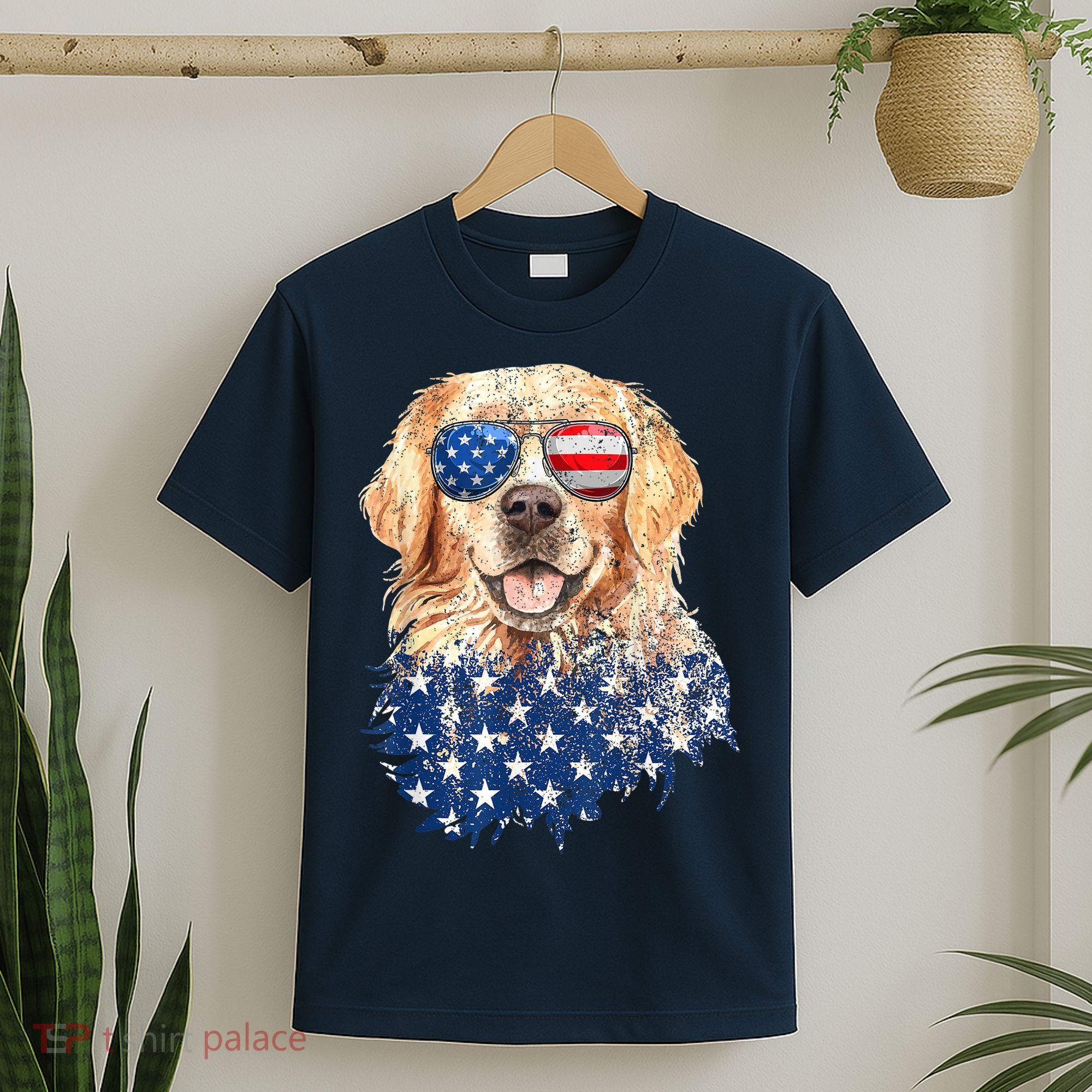 Golden Retriever American USA Flag Retro 4th Of July T-Shirt