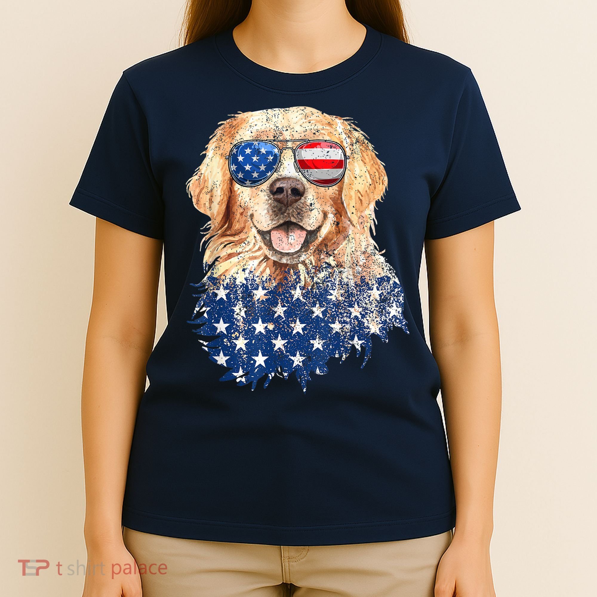 Golden Retriever American USA Flag Retro 4th Of July T-Shirt