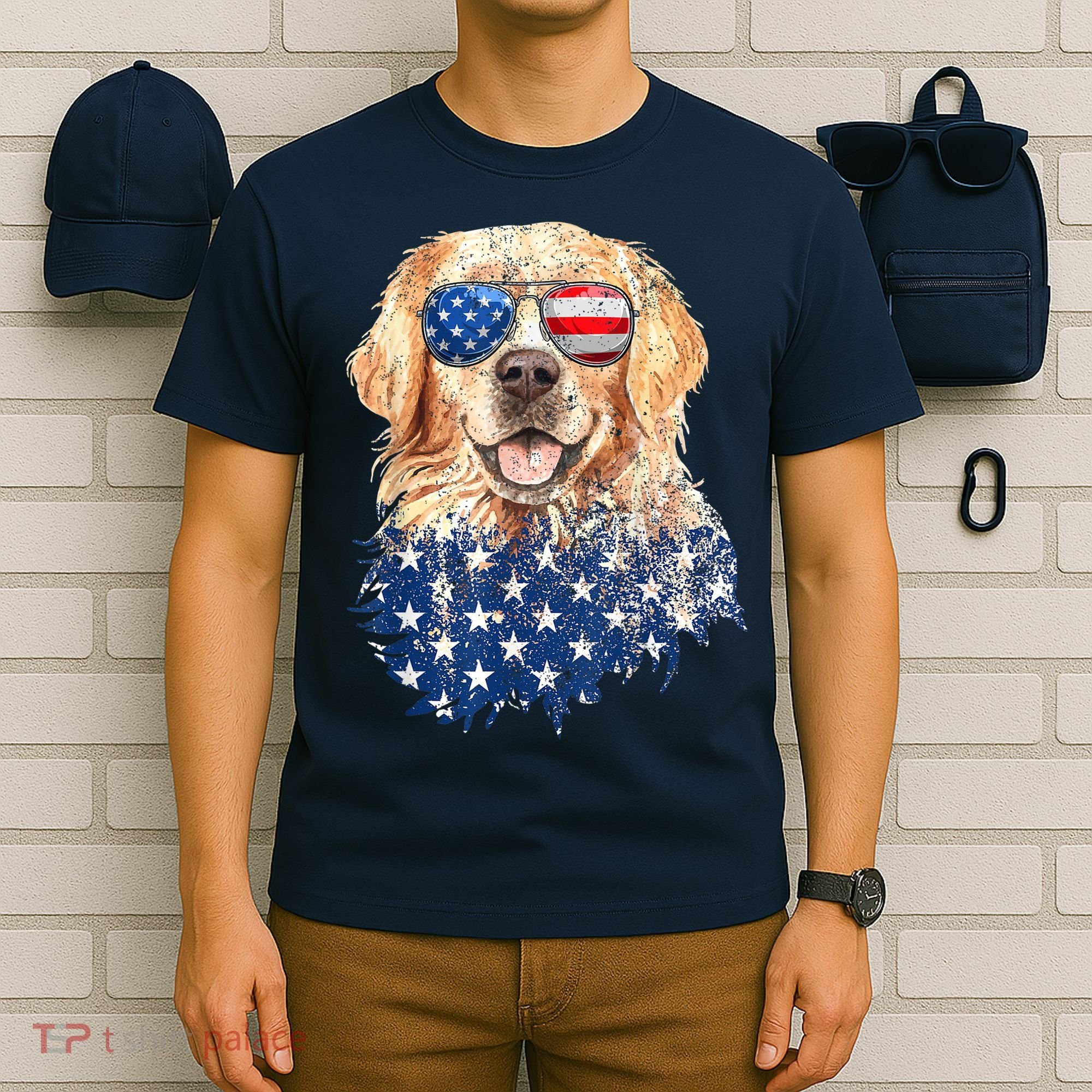 Golden Retriever American USA Flag Retro 4th Of July T-Shirt