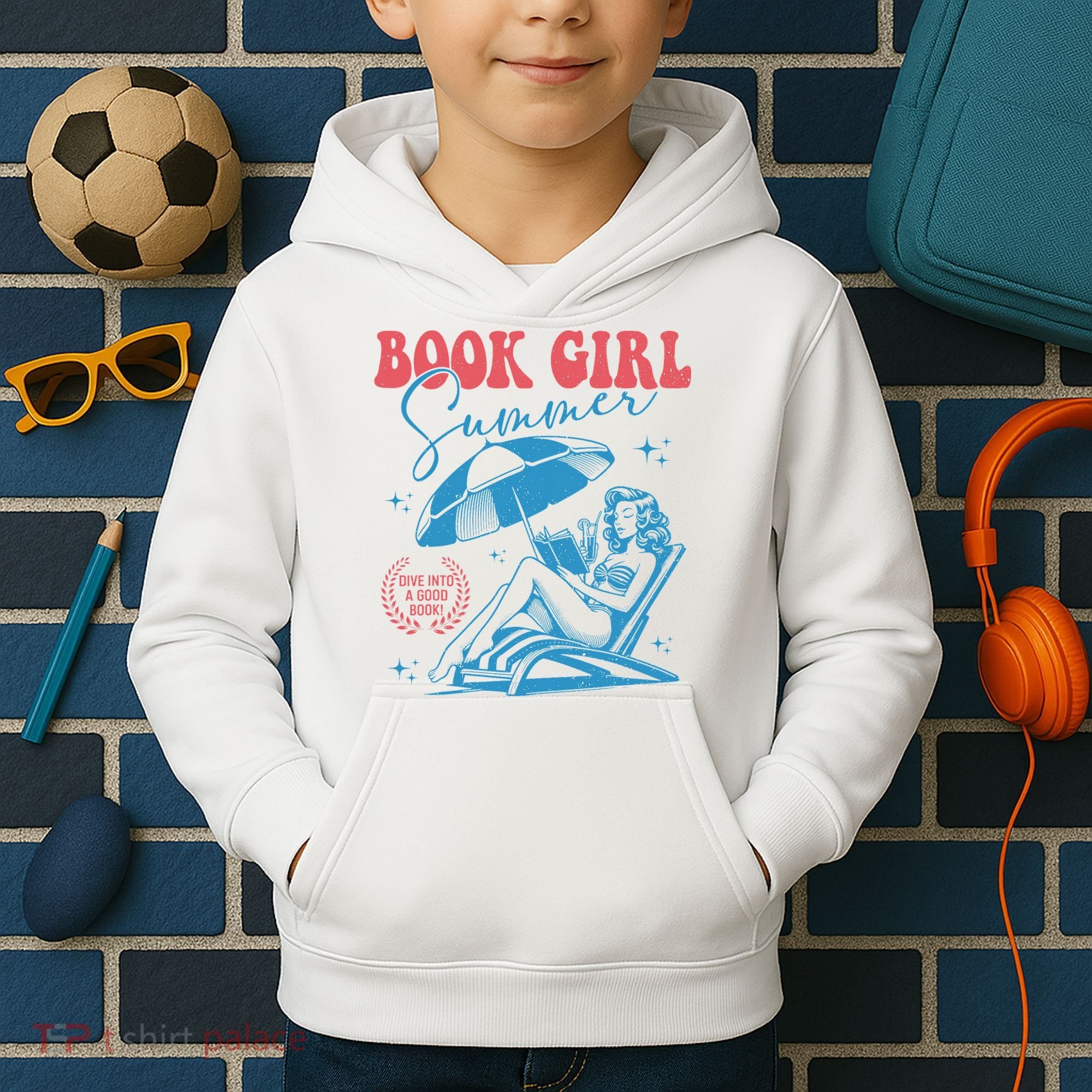 Girl Reading Book Summer Funny Beach Vacation For Book Lover Kids Hoodie