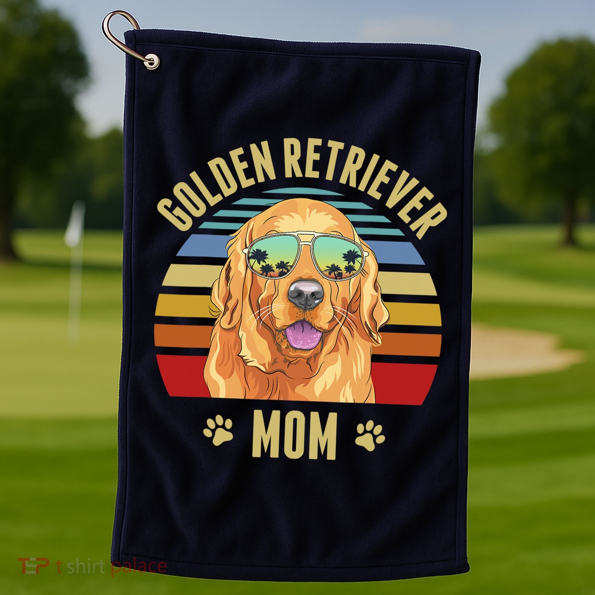 Golden Retriever Best Dog Mom Ever Retro Sunset Beach Vibe Golf Towel