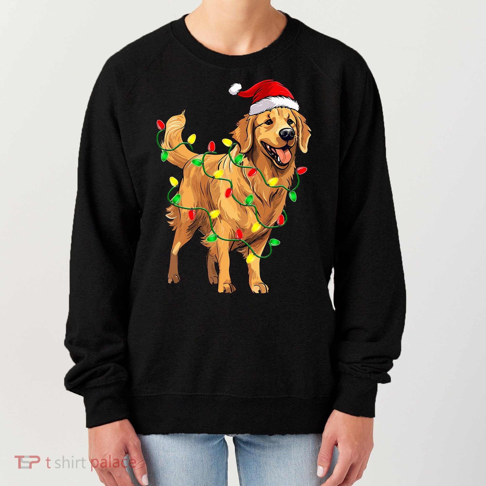 Golden Retriever Christmas Santa Hat Tree Lights Pajama  Women's Sweatshirt
