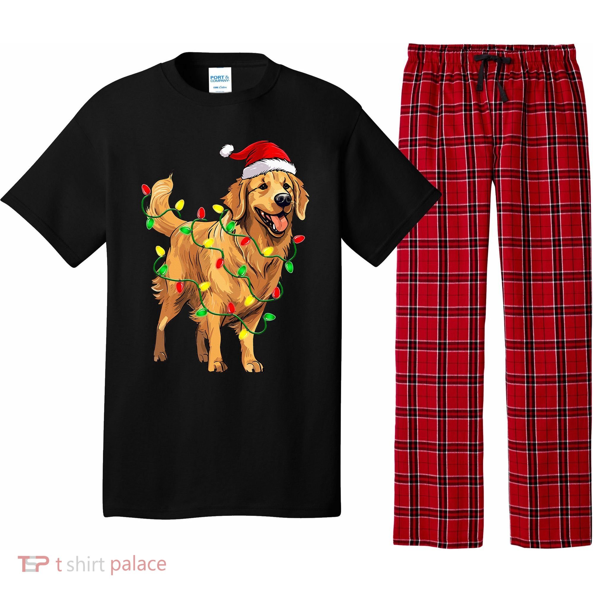 Golden Retriever Christmas Santa Hat Tree Lights Pajama  Pajama Set