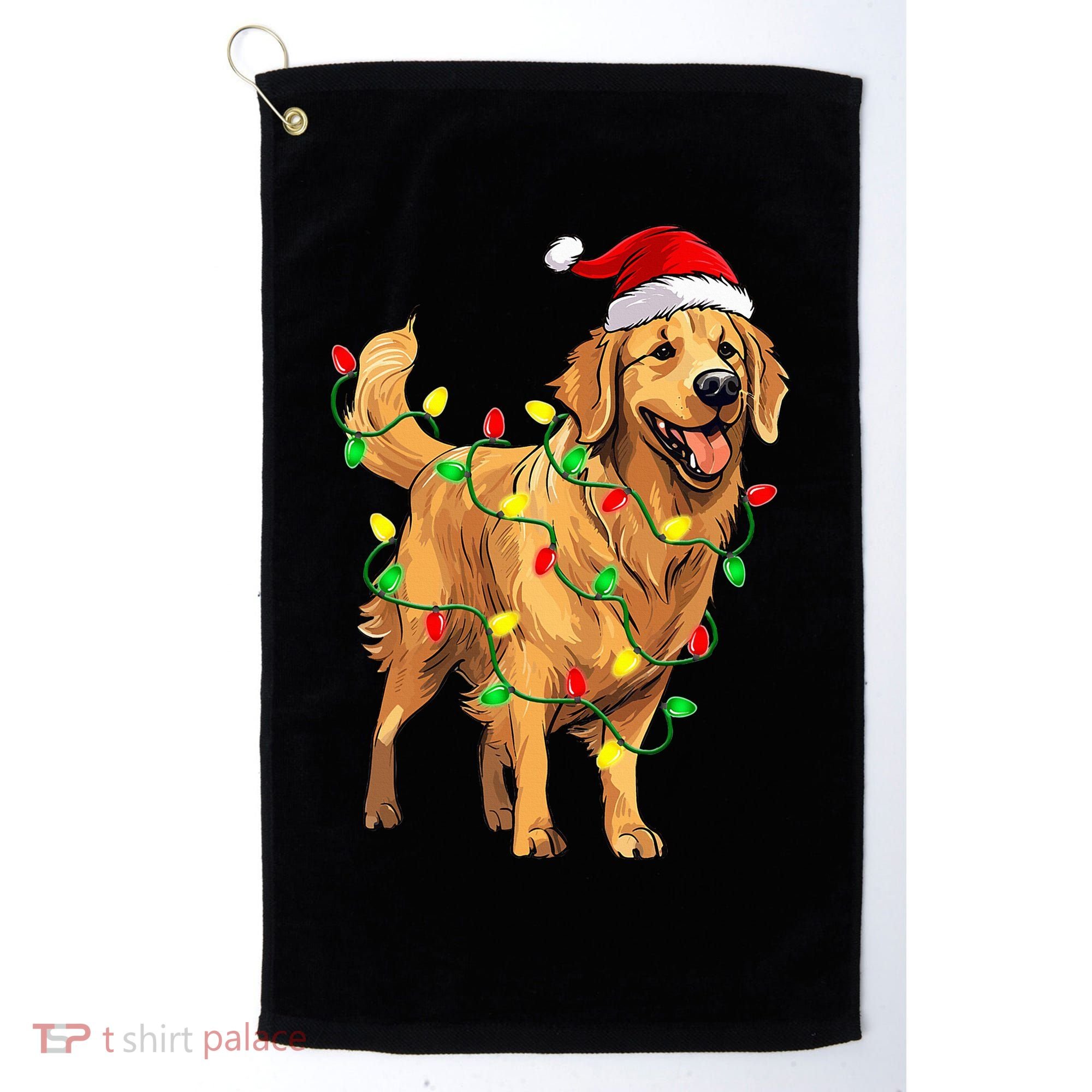Golden Retriever Christmas Santa Hat Tree Lights Pajama  Golf Towel