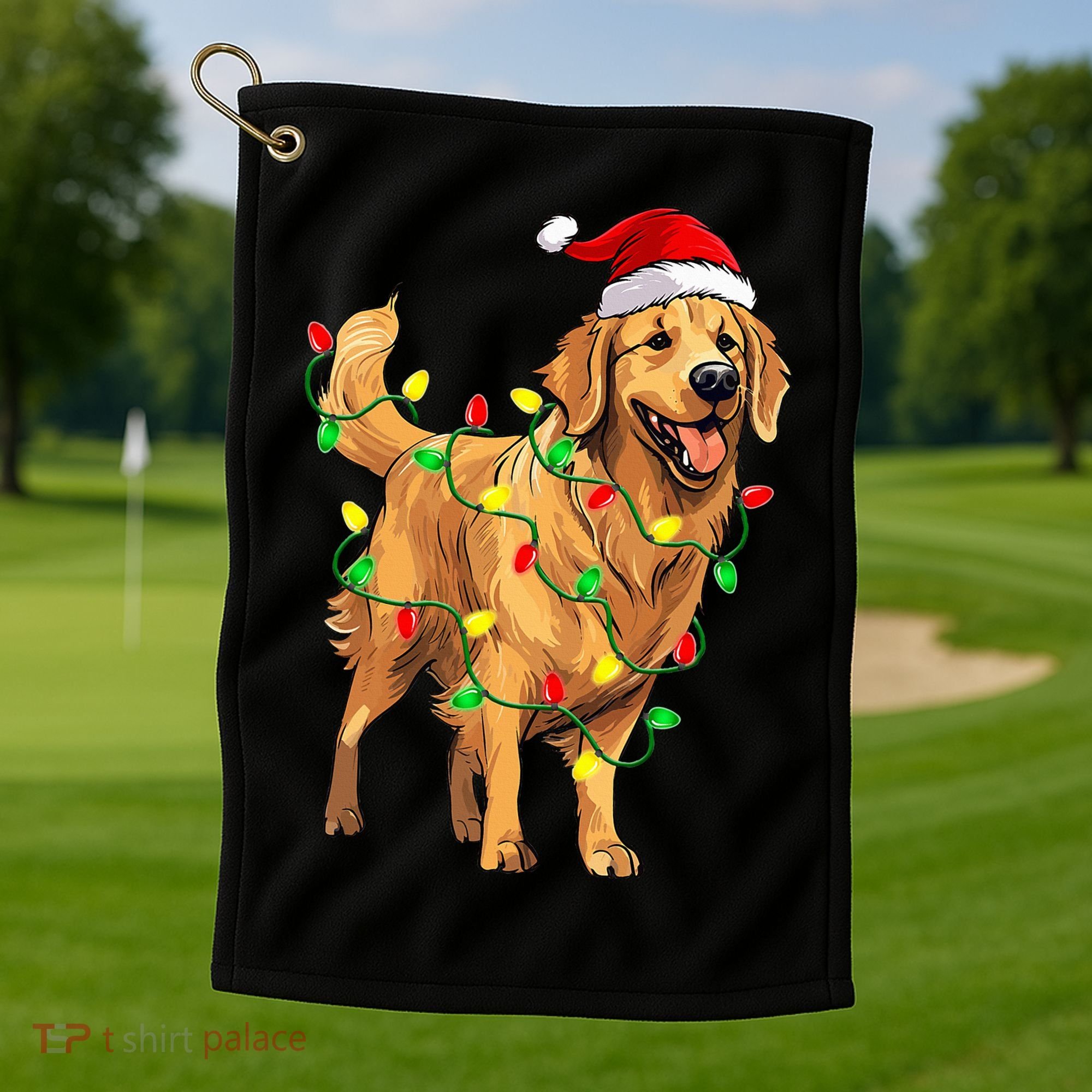 Golden Retriever Christmas Santa Hat Tree Lights Pajama  Golf Towel