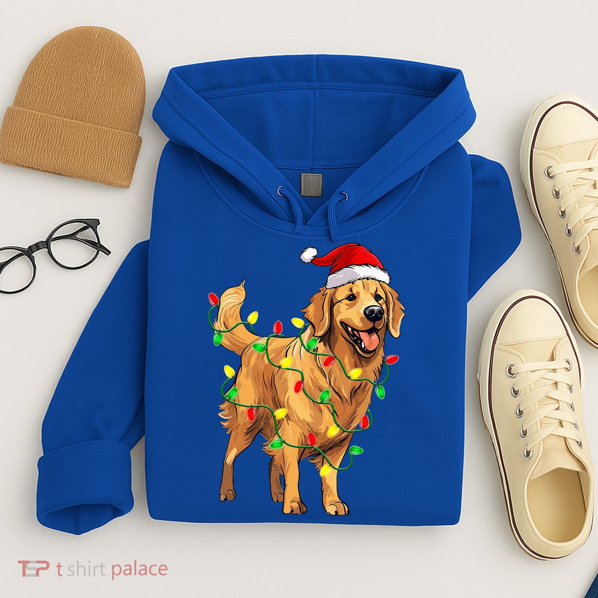 Golden Retriever Christmas Santa Hat Tree Lights Pajama  Hoodie