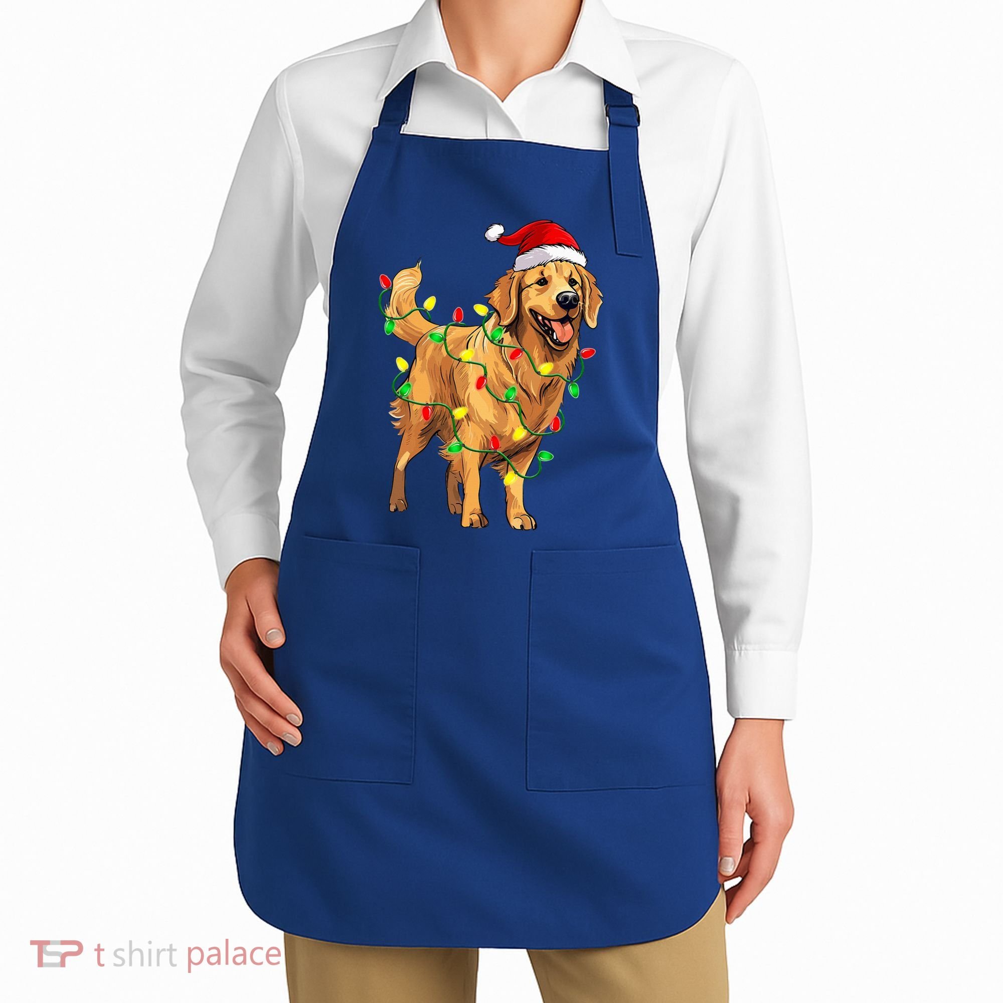 Golden Retriever Christmas Santa Hat Tree Lights Pajama  Apron