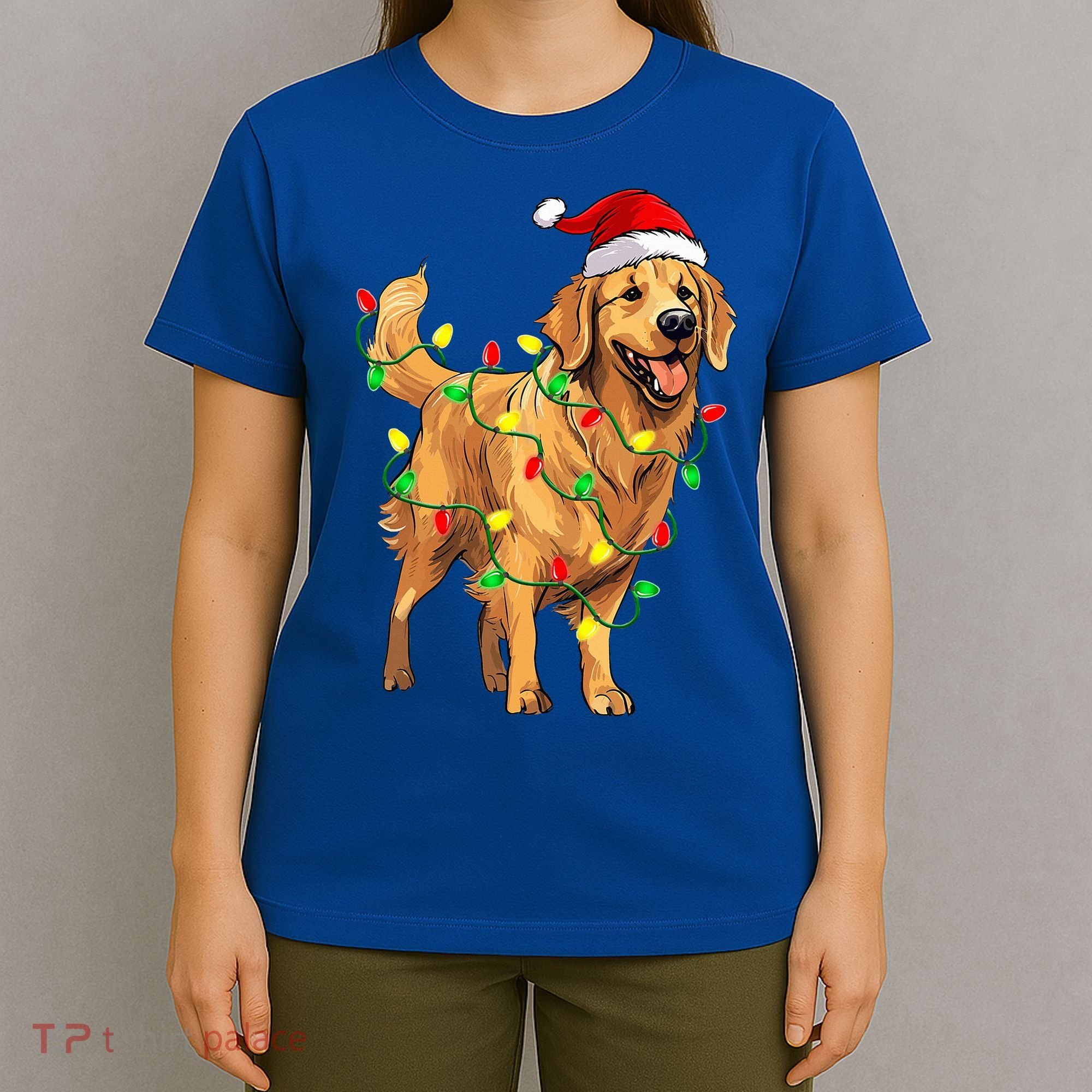Golden Retriever Christmas Santa Hat Tree Lights Pajama  T-Shirt