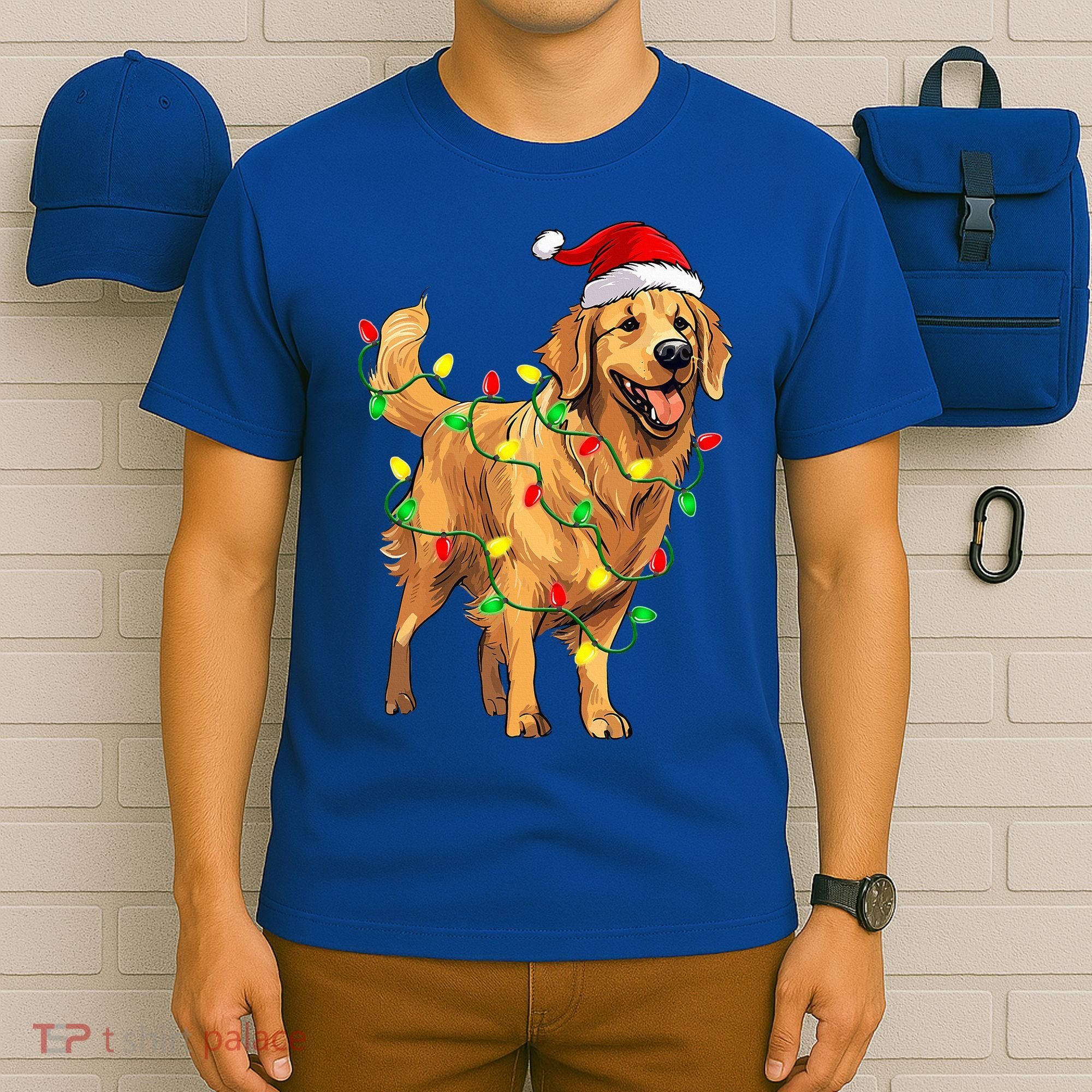 Golden Retriever Christmas Santa Hat Tree Lights Pajama  T-Shirt