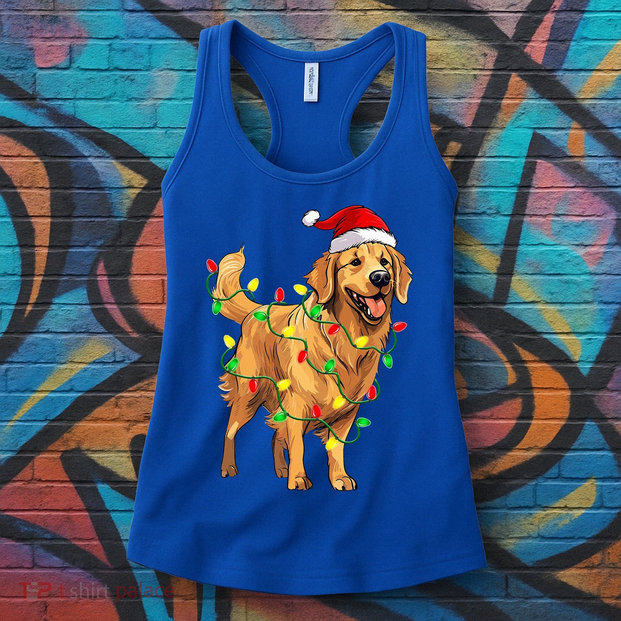 Golden Retriever Christmas Santa Hat Tree Lights Pajama  Women's Tank Top