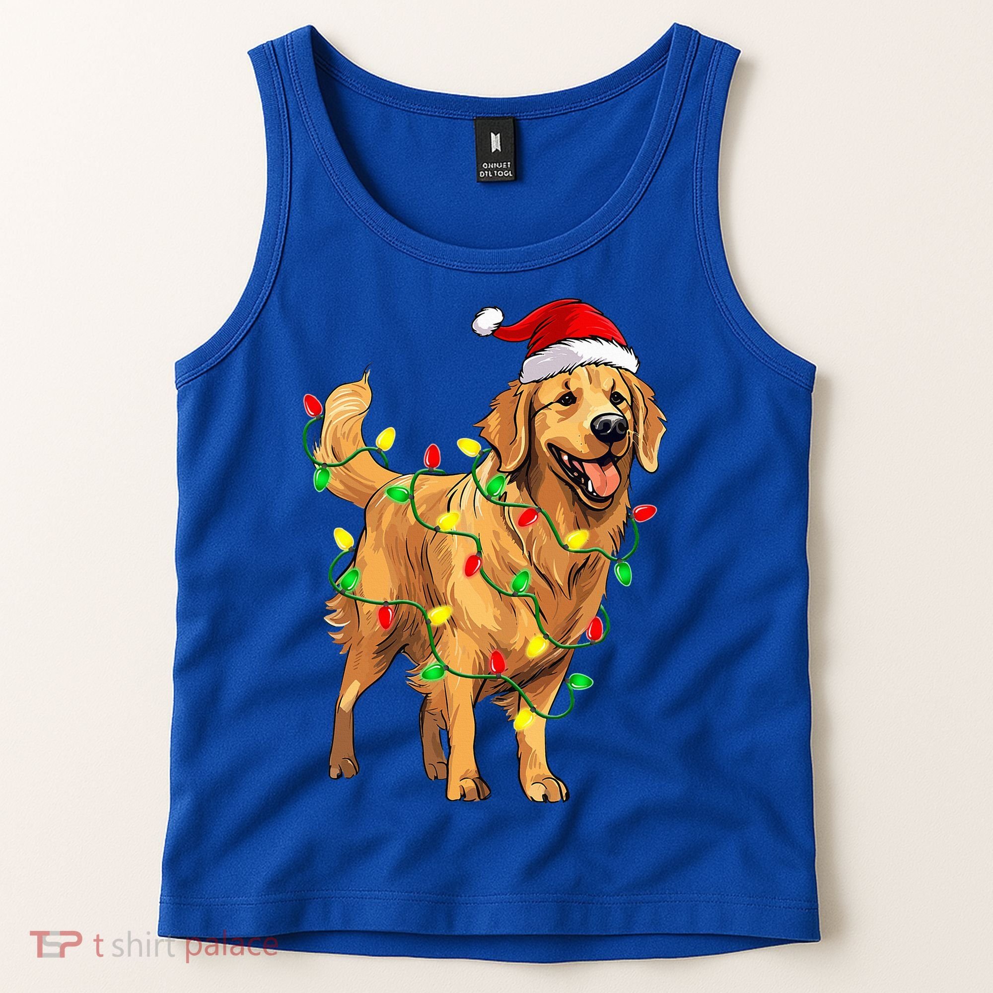 Golden Retriever Christmas Santa Hat Tree Lights Pajama  Tank Top