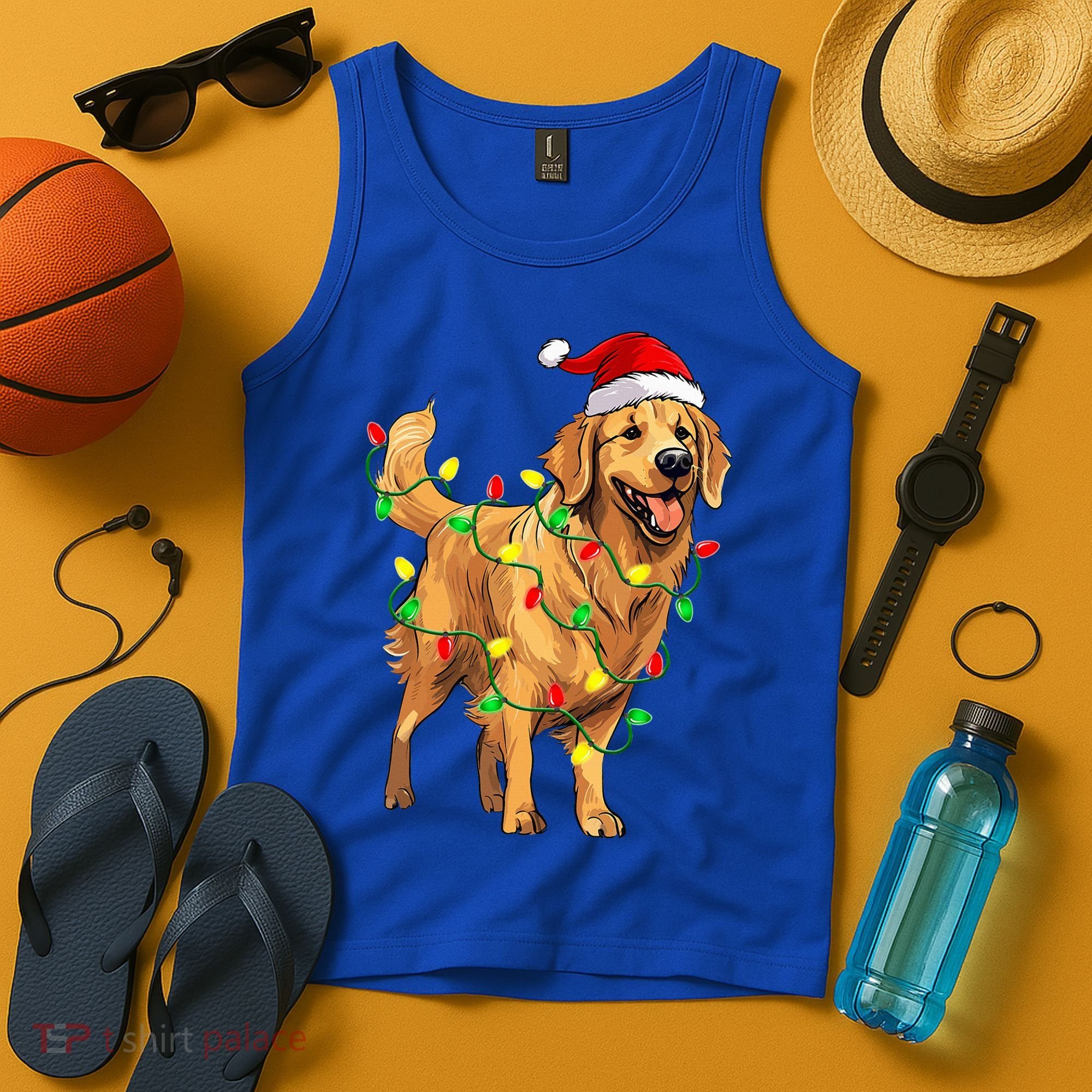 Golden Retriever Christmas Santa Hat Tree Lights Pajama  Tank Top