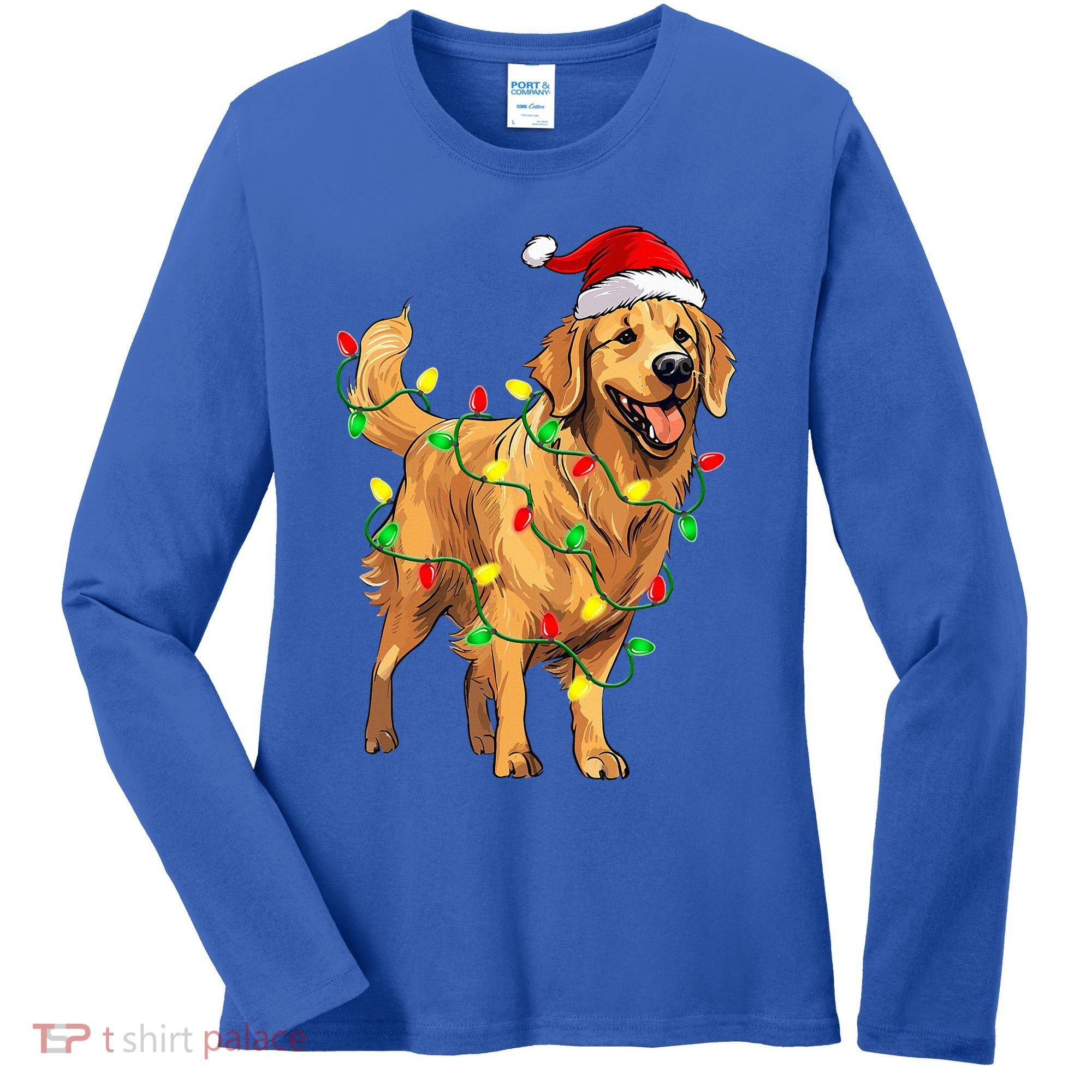 Golden Retriever Christmas Santa Hat Tree Lights Pajama  Women's Long Sleeve Shirt