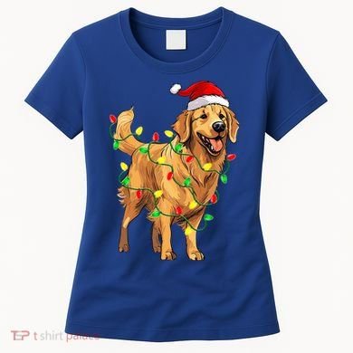 Golden Retriever Christmas Santa Hat Tree Lights Pajama  Women's T-Shirt