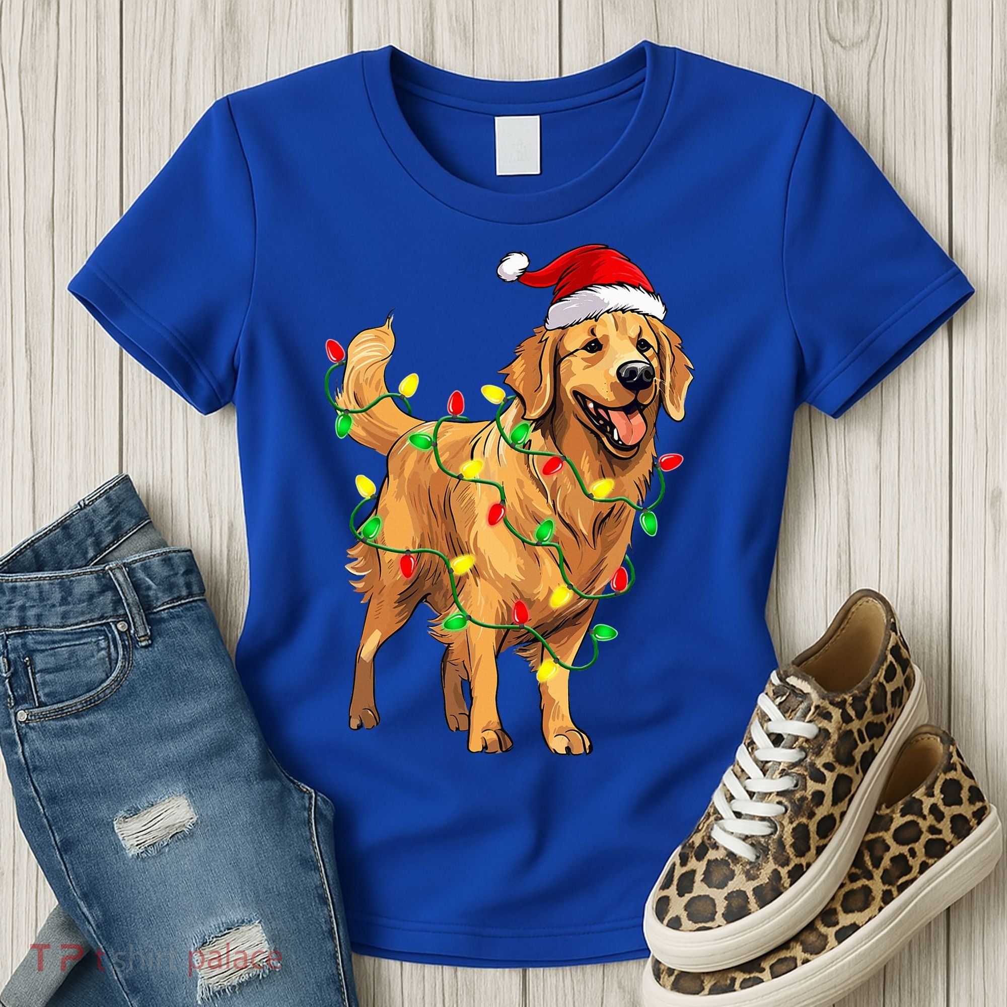 Golden Retriever Christmas Santa Hat Tree Lights Pajama  Women's T-Shirt