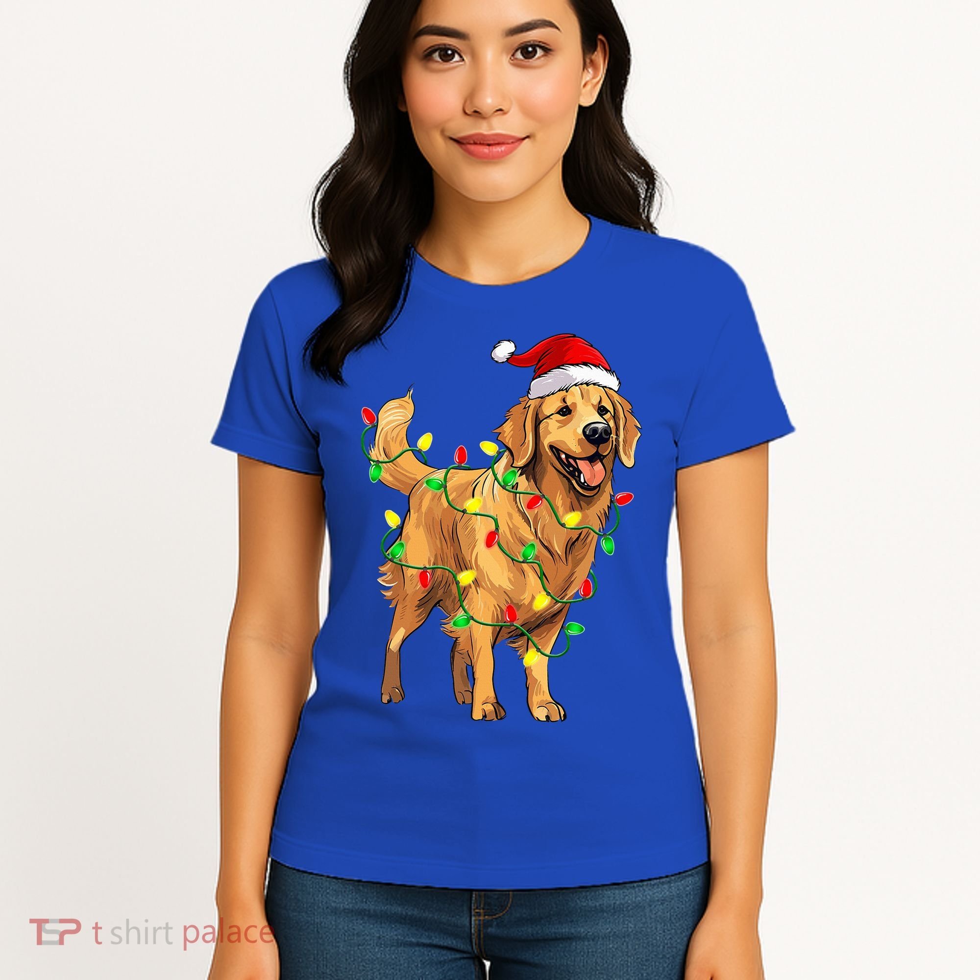 Golden Retriever Christmas Santa Hat Tree Lights Pajama  Women's T-Shirt