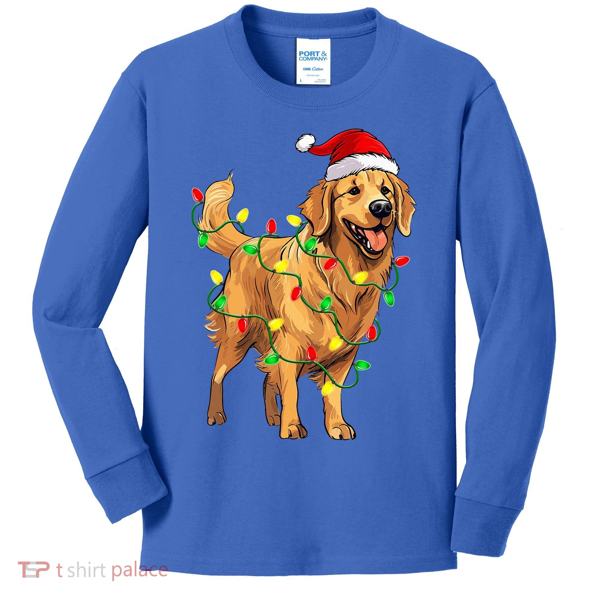 Golden Retriever Christmas Santa Hat Tree Lights Pajama  Kids Long Sleeve Shirt