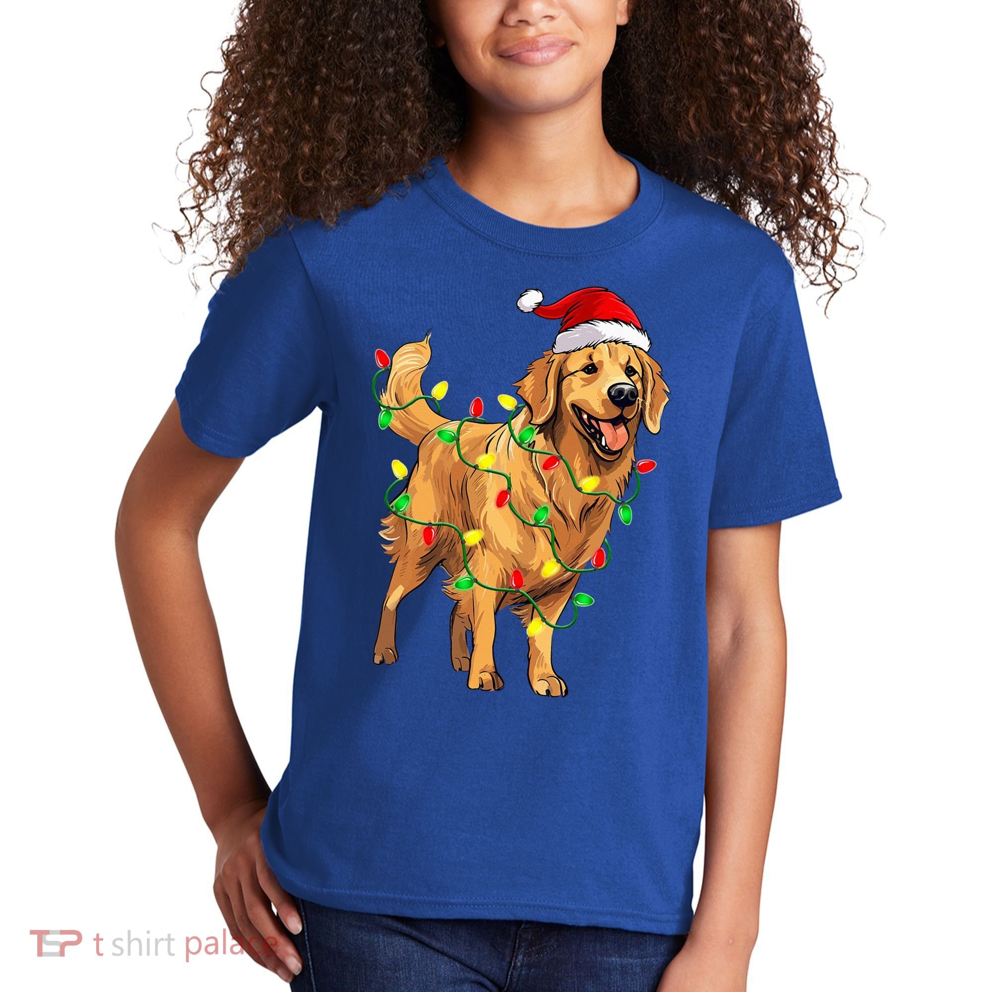 Golden Retriever Christmas Santa Hat Tree Lights Pajama  Kids T-Shirt
