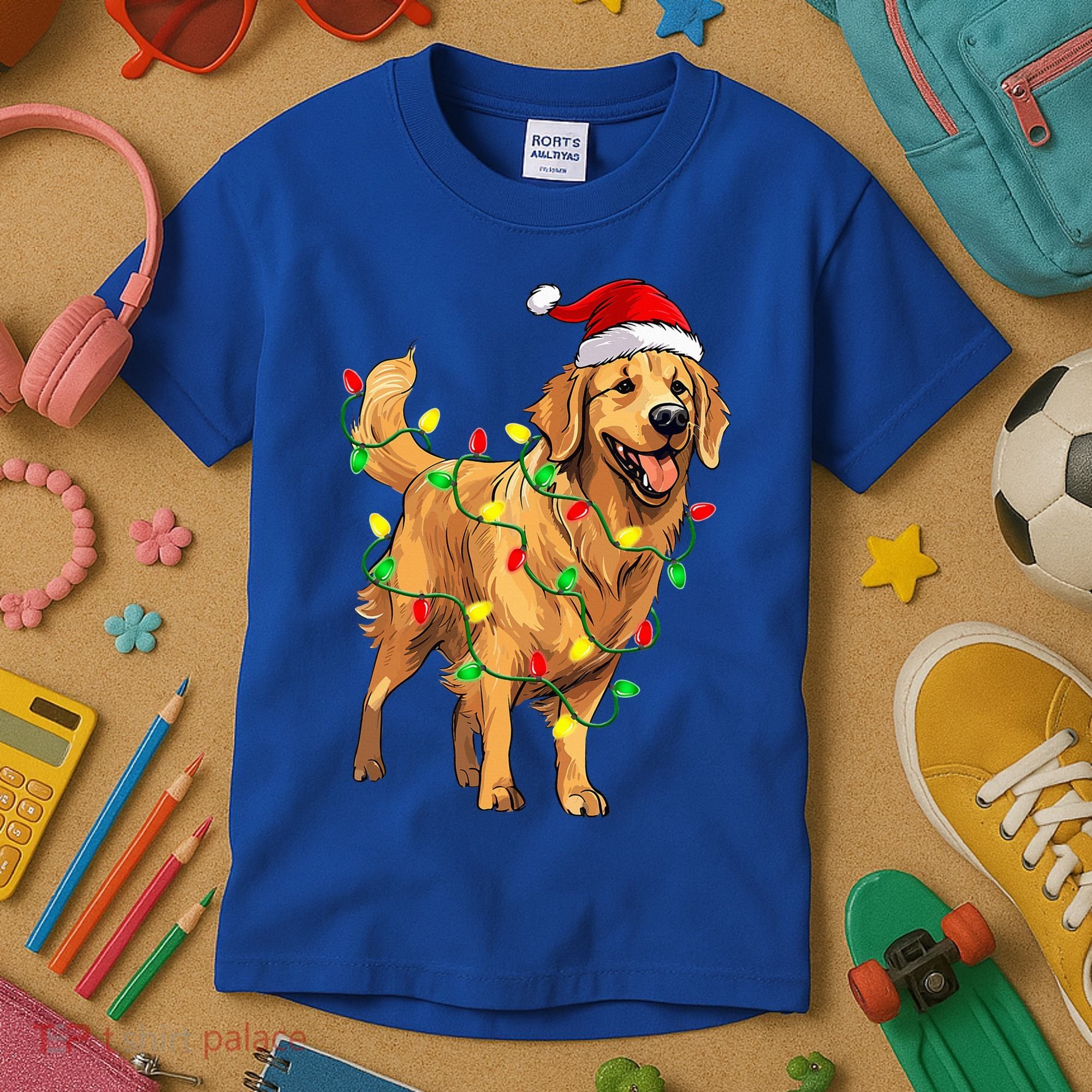 Golden Retriever Christmas Santa Hat Tree Lights Pajama  Kids T-Shirt