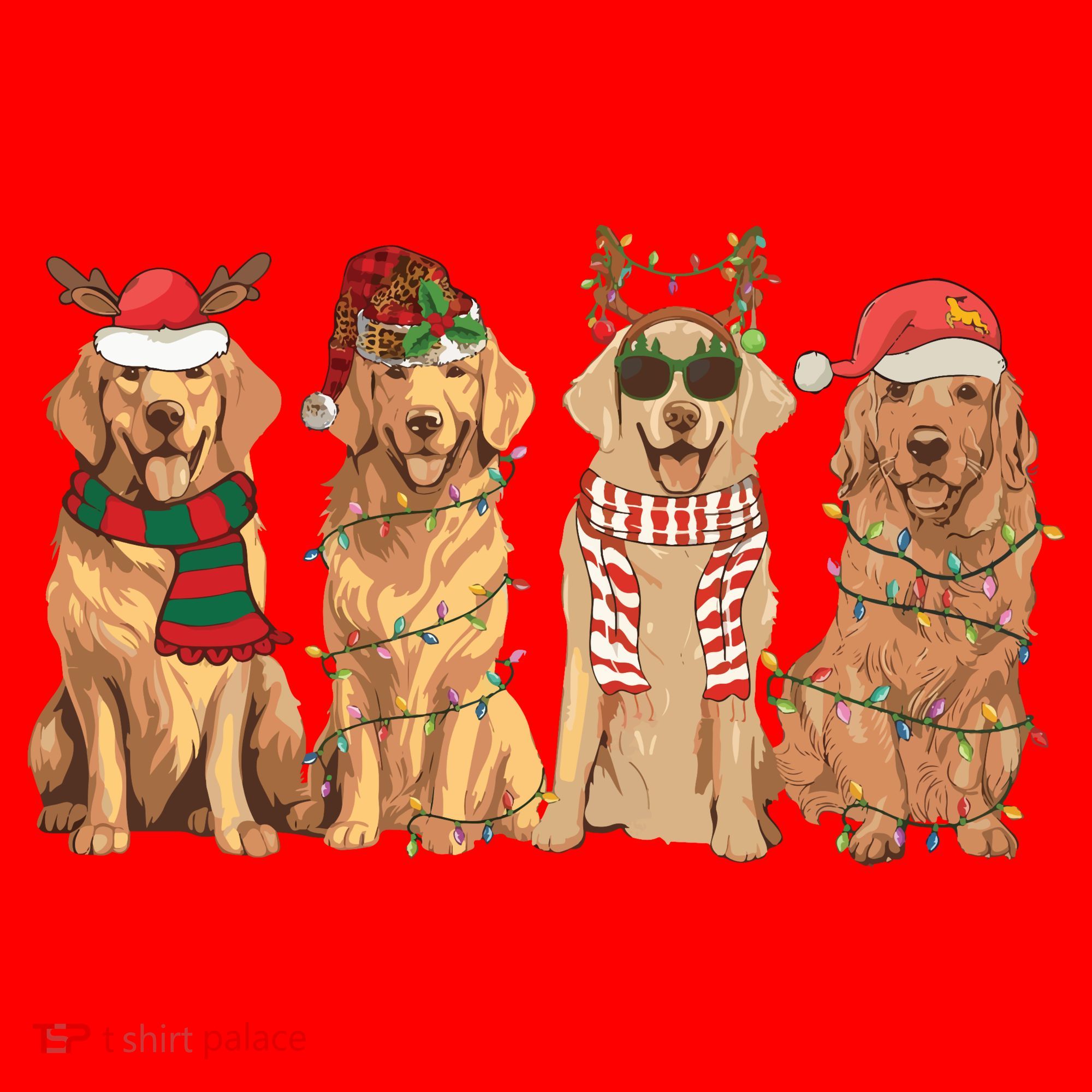Golden Retriever Christmas Dogs Lights Santa Hat