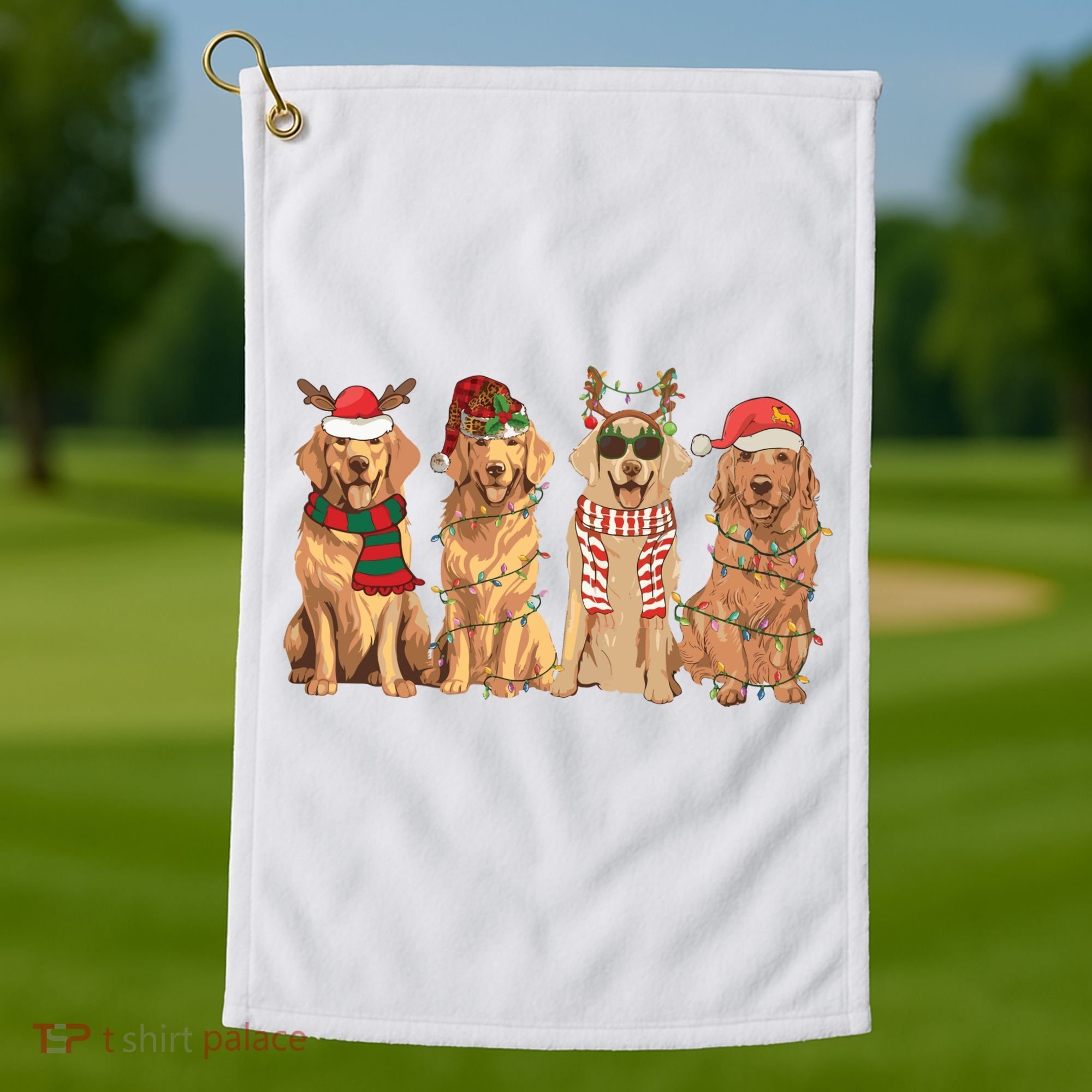 Golden Retriever Christmas Dogs Lights Golf Towel