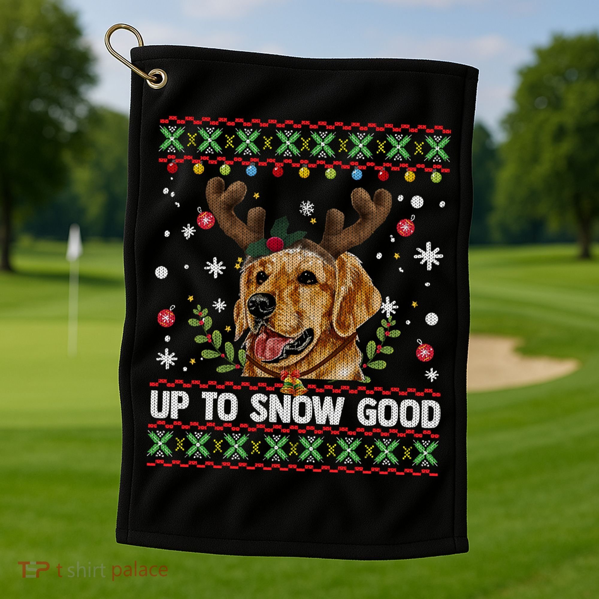 Golden Retriever Dog Reindeer Christmas Gift Ugly Sweater Gift Golf Towel