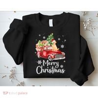 Golden Retriever Dog Riding Red Truck Christmas Tree Xmas Sweatshirt thumb 2