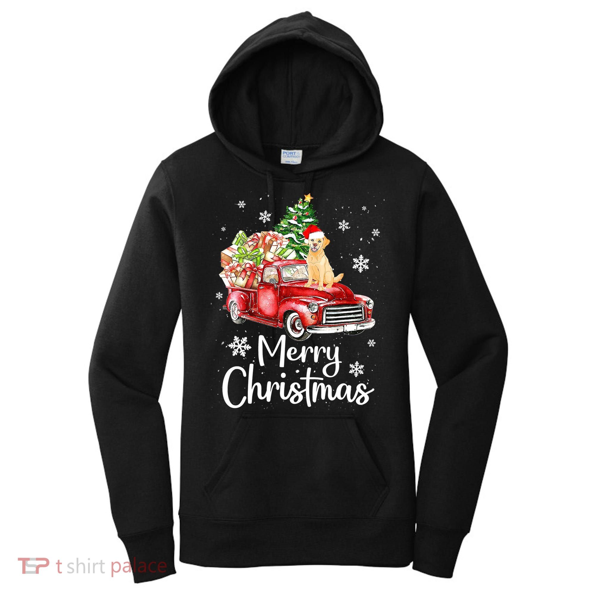 Golden Retriever Dog Riding Red Truck Christmas Tree Xmas Women's Hoodie