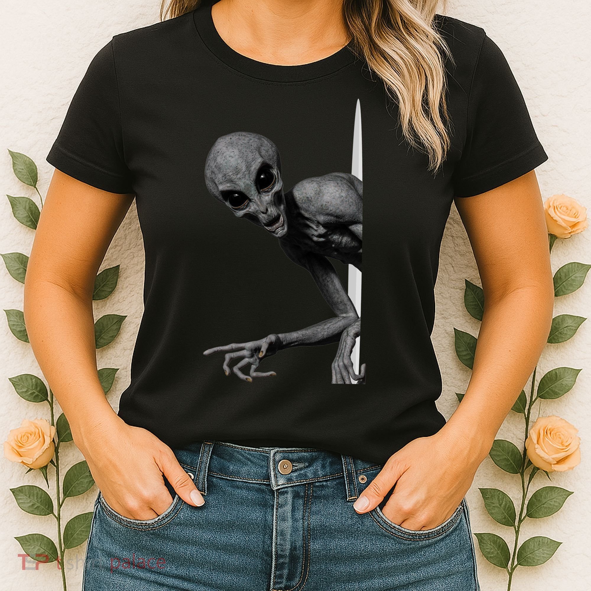 Grey Alien Peaking  Area 51 UFO Abduction Women's T-Shirt