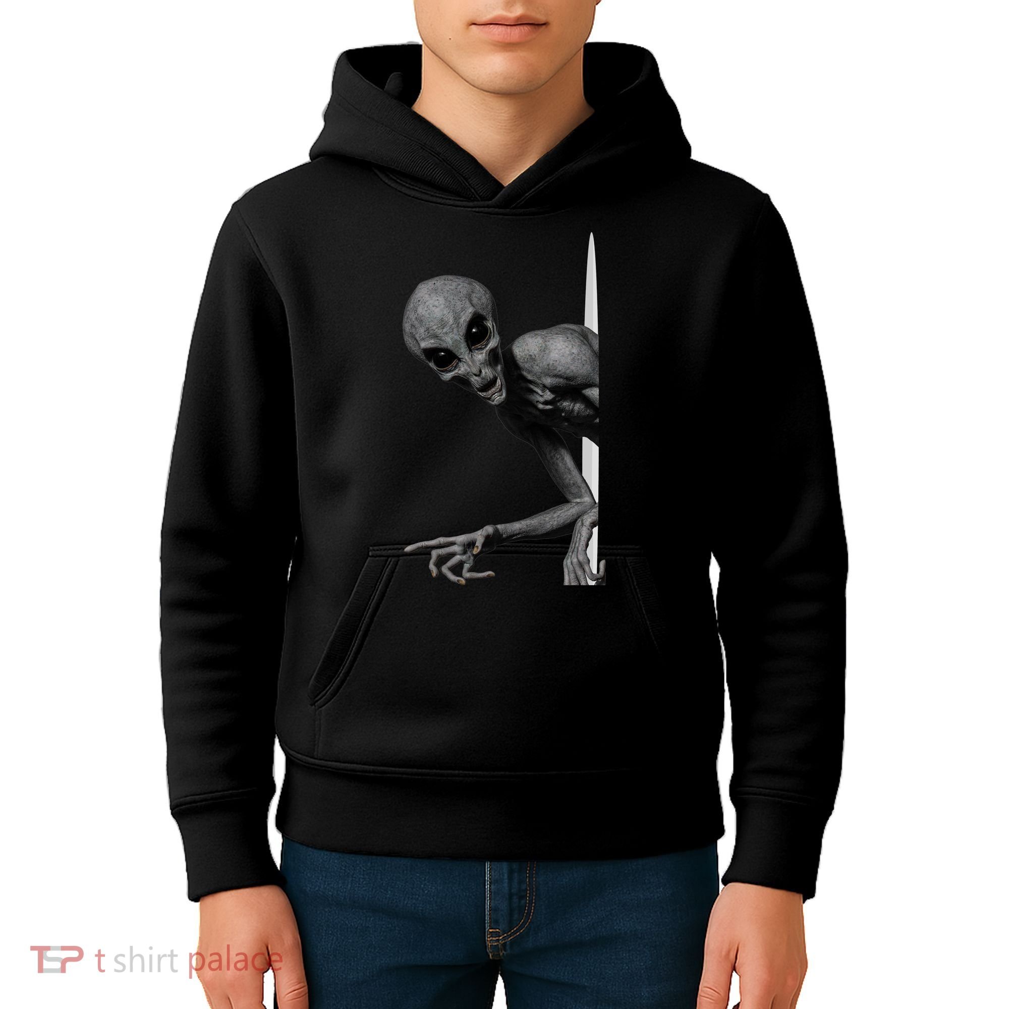 Grey Alien Peaking  Area 51 UFO Abduction Kids Hoodie