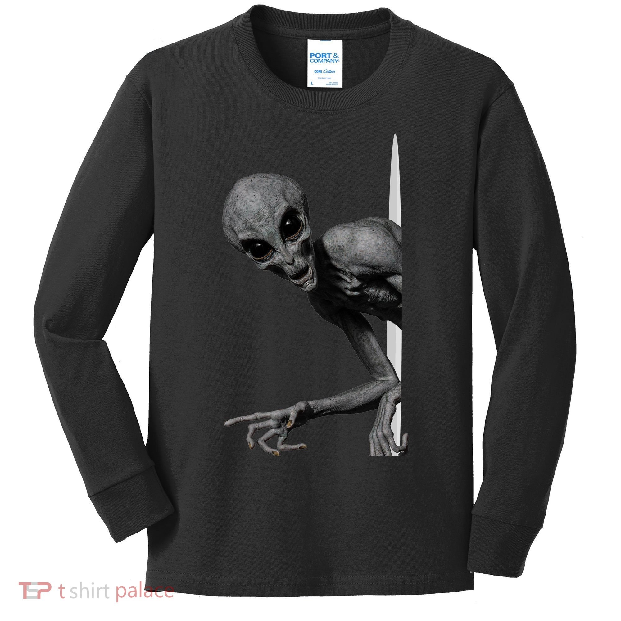 Grey Alien Peaking  Area 51 UFO Abduction Kids Long Sleeve Shirt