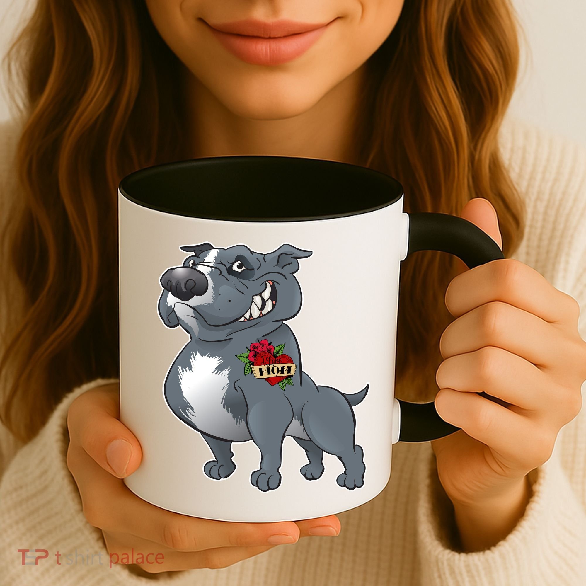 Grey Pitbull I Love Mom Coffee Mug