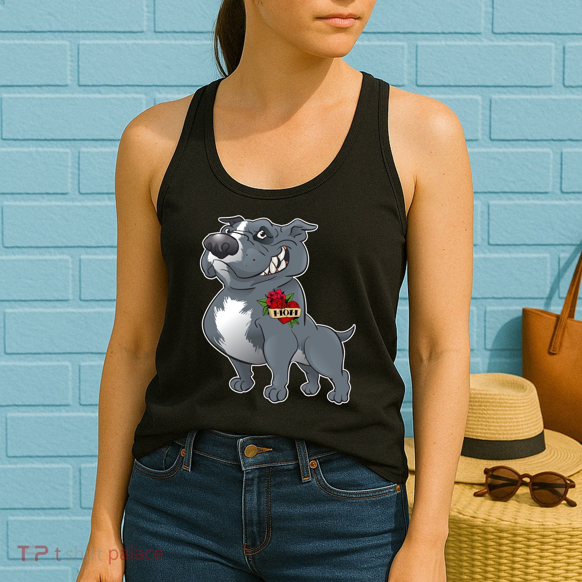 Grey Pitbull I Love Mom Women's Tank Top