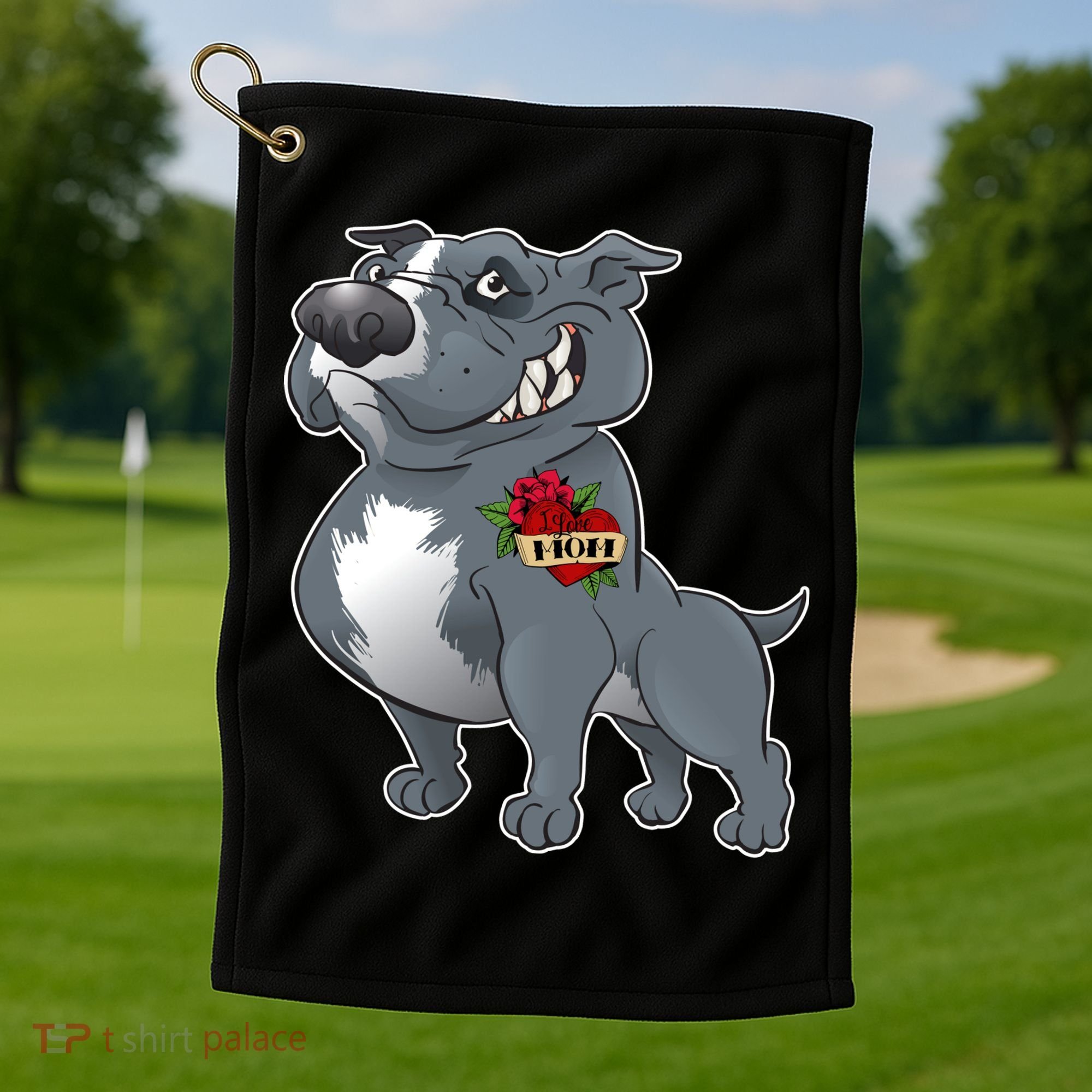 Grey Pitbull I Love Mom Golf Towel