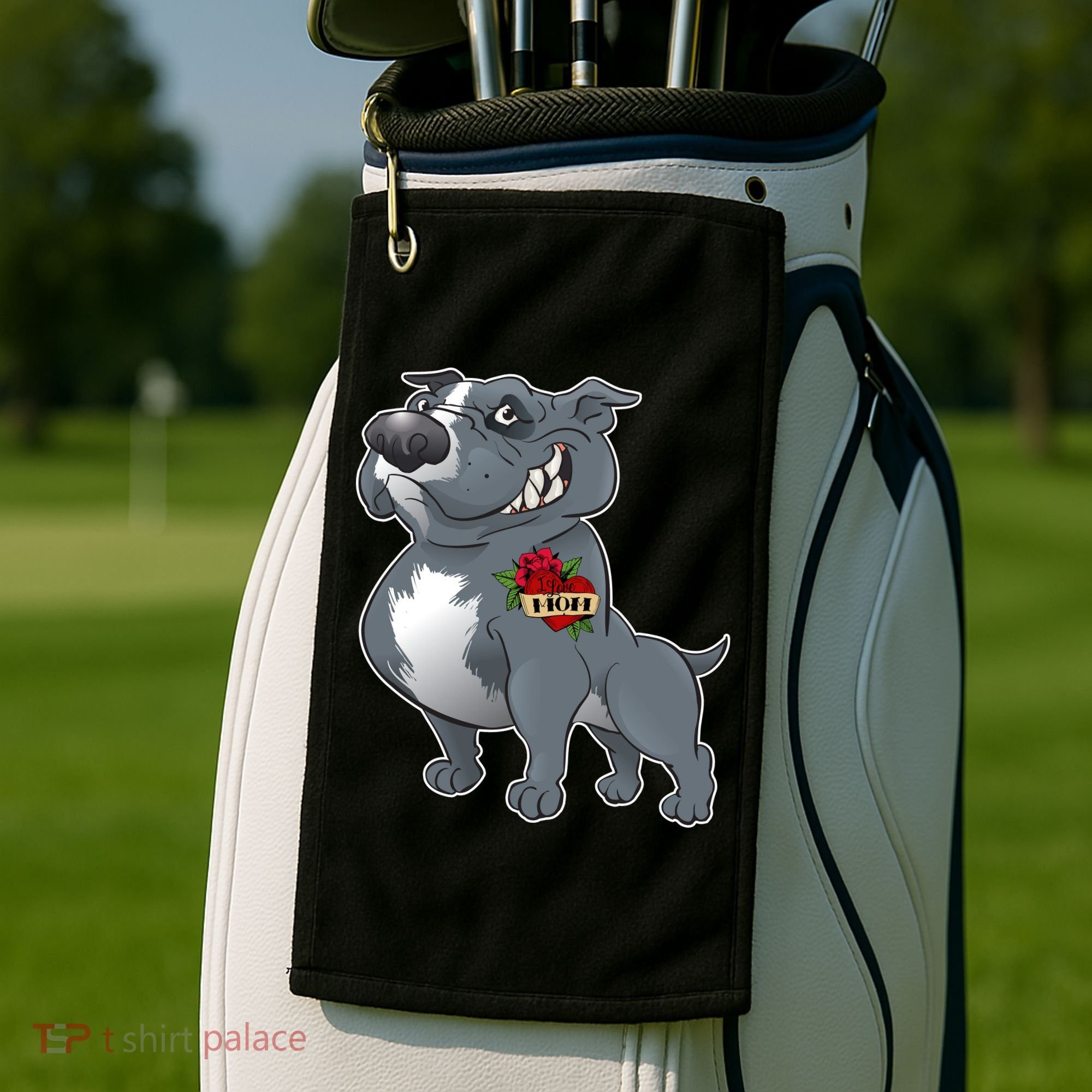 Grey Pitbull I Love Mom Golf Towel