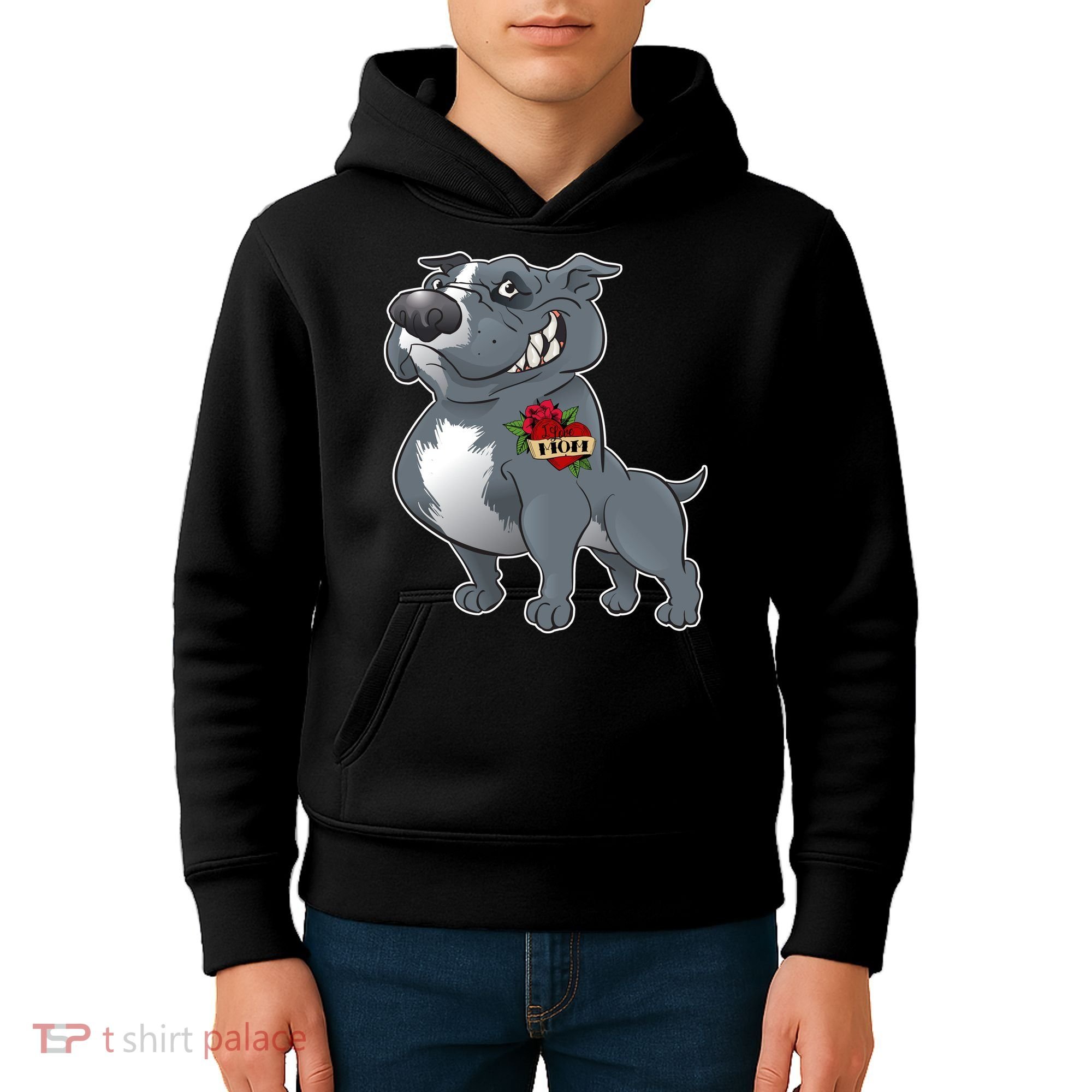 Grey Pitbull I Love Mom Kids Hoodie
