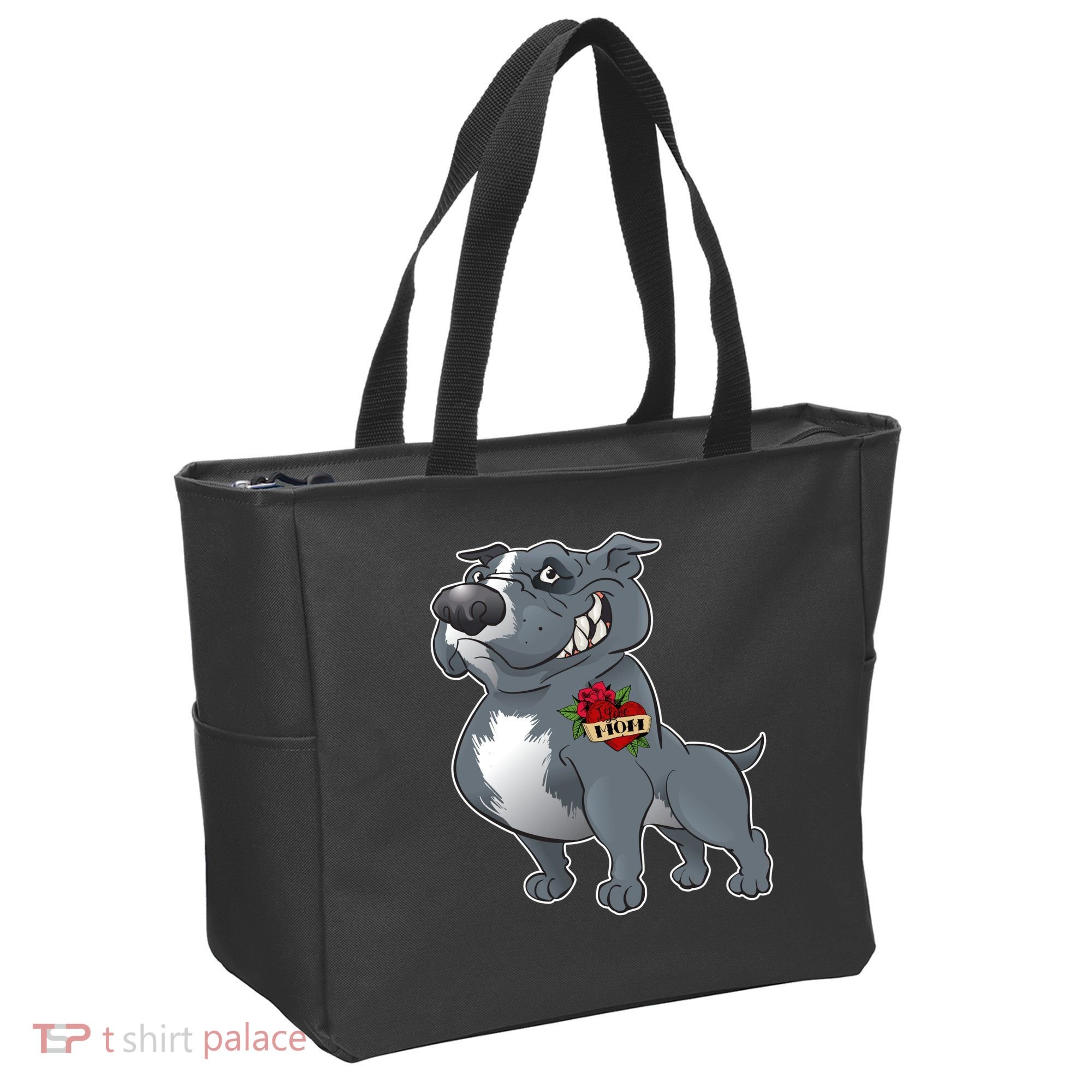 Grey Pitbull I Love Mom Tote Bag